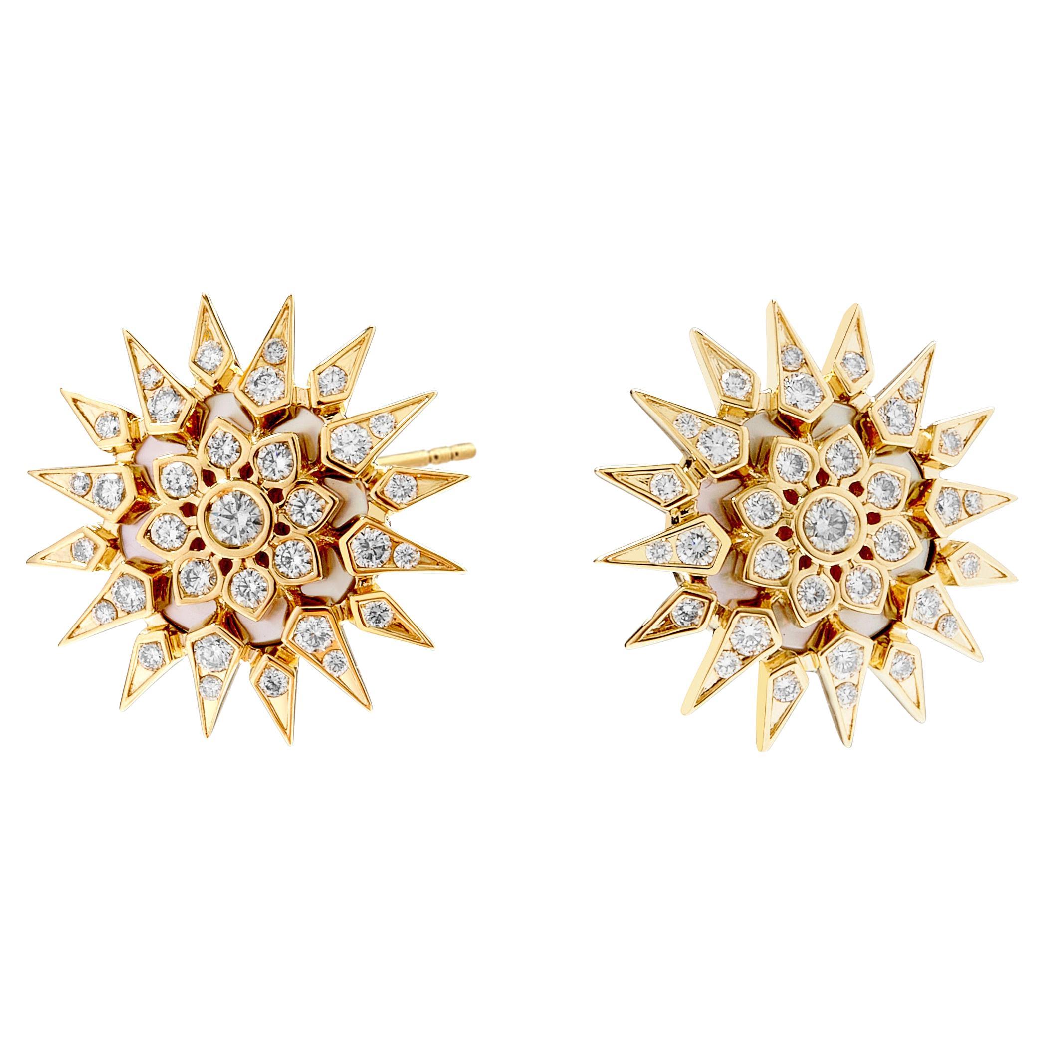 Syna Yellow Gold Starburst Mother of Pearl Earrings with Diamonds For Sale