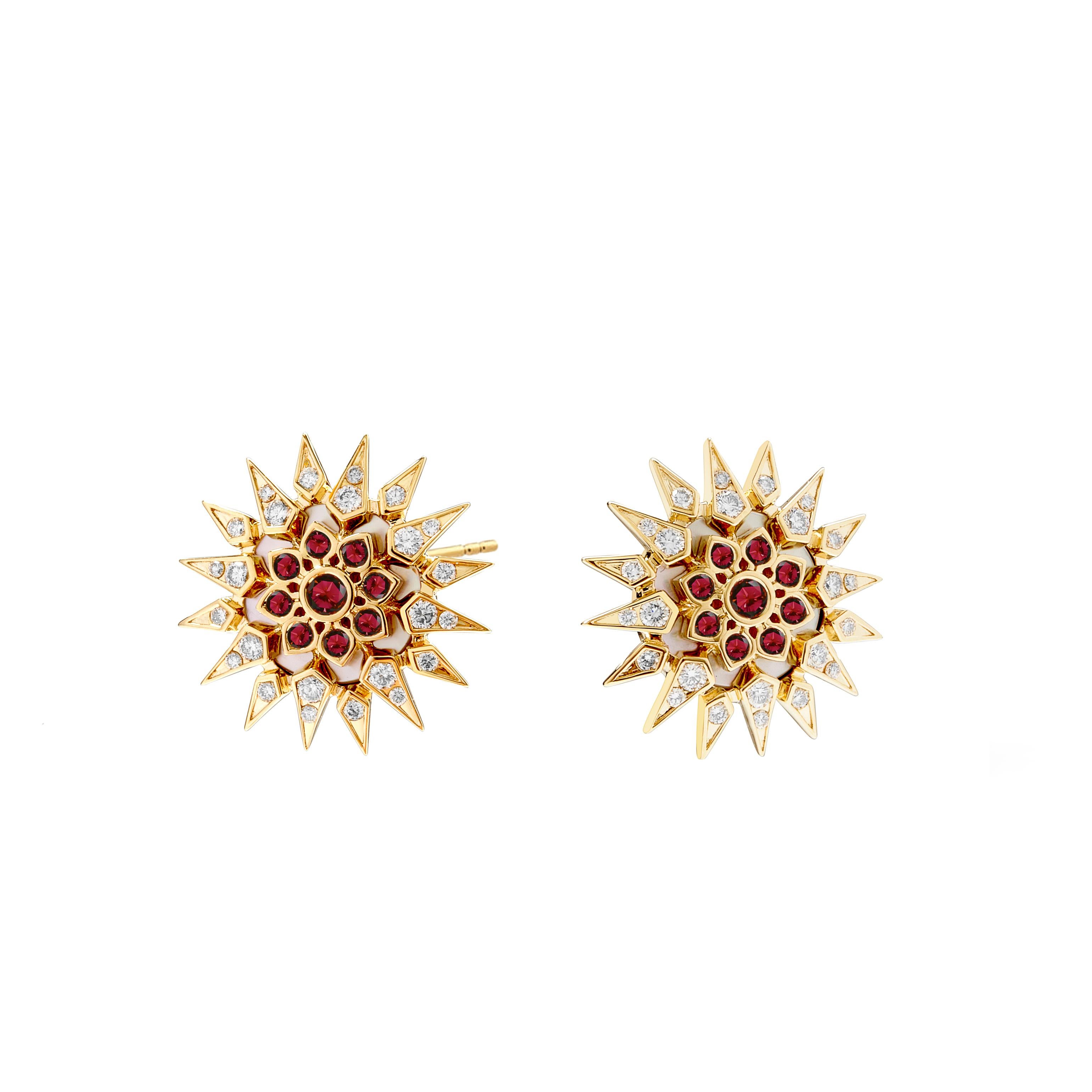Contemporary Syna Yellow Gold Starburst Mother of Pearl Earrings with Rubies and Diamonds For Sale