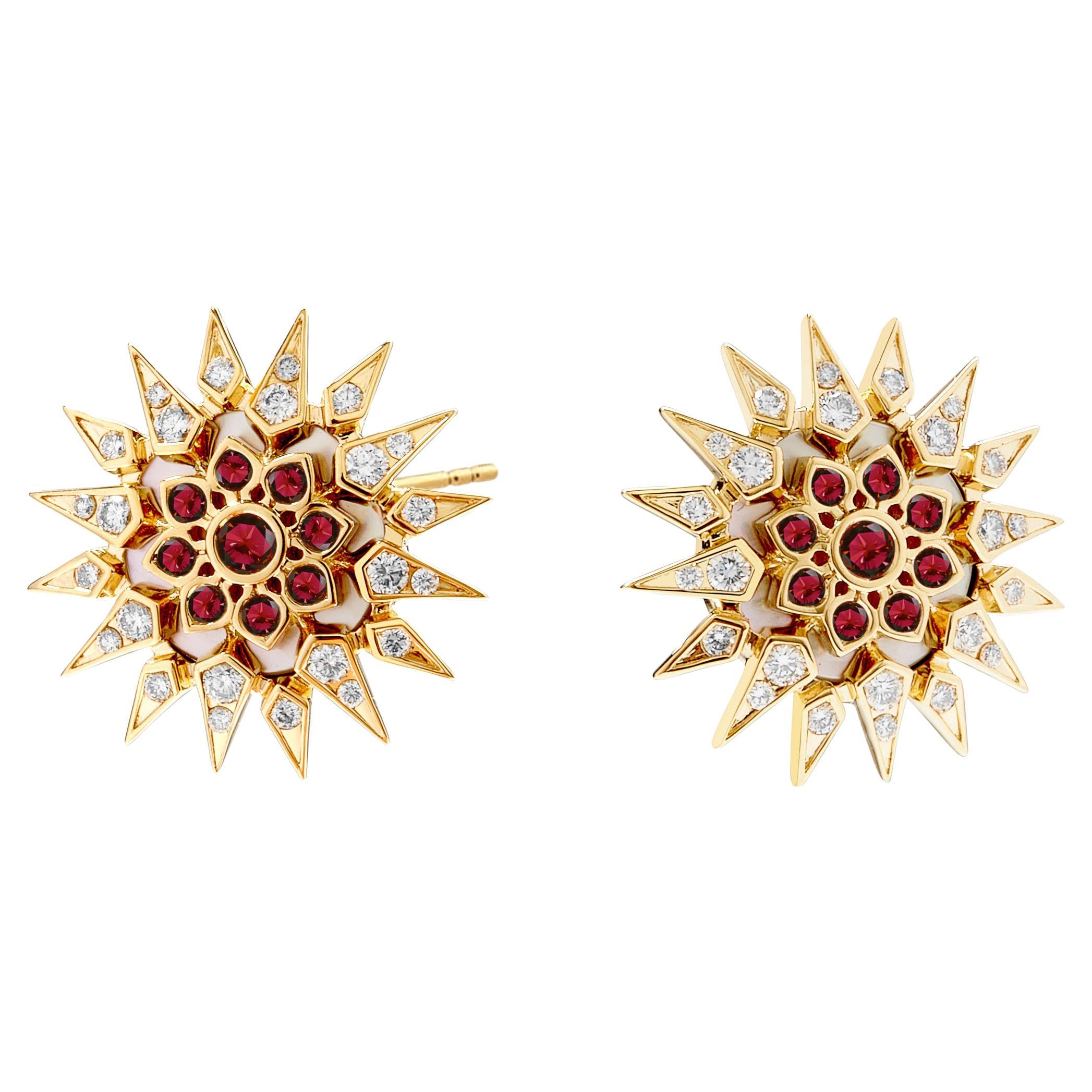 Syna Yellow Gold Starburst Mother of Pearl Earrings with Rubies and Diamonds