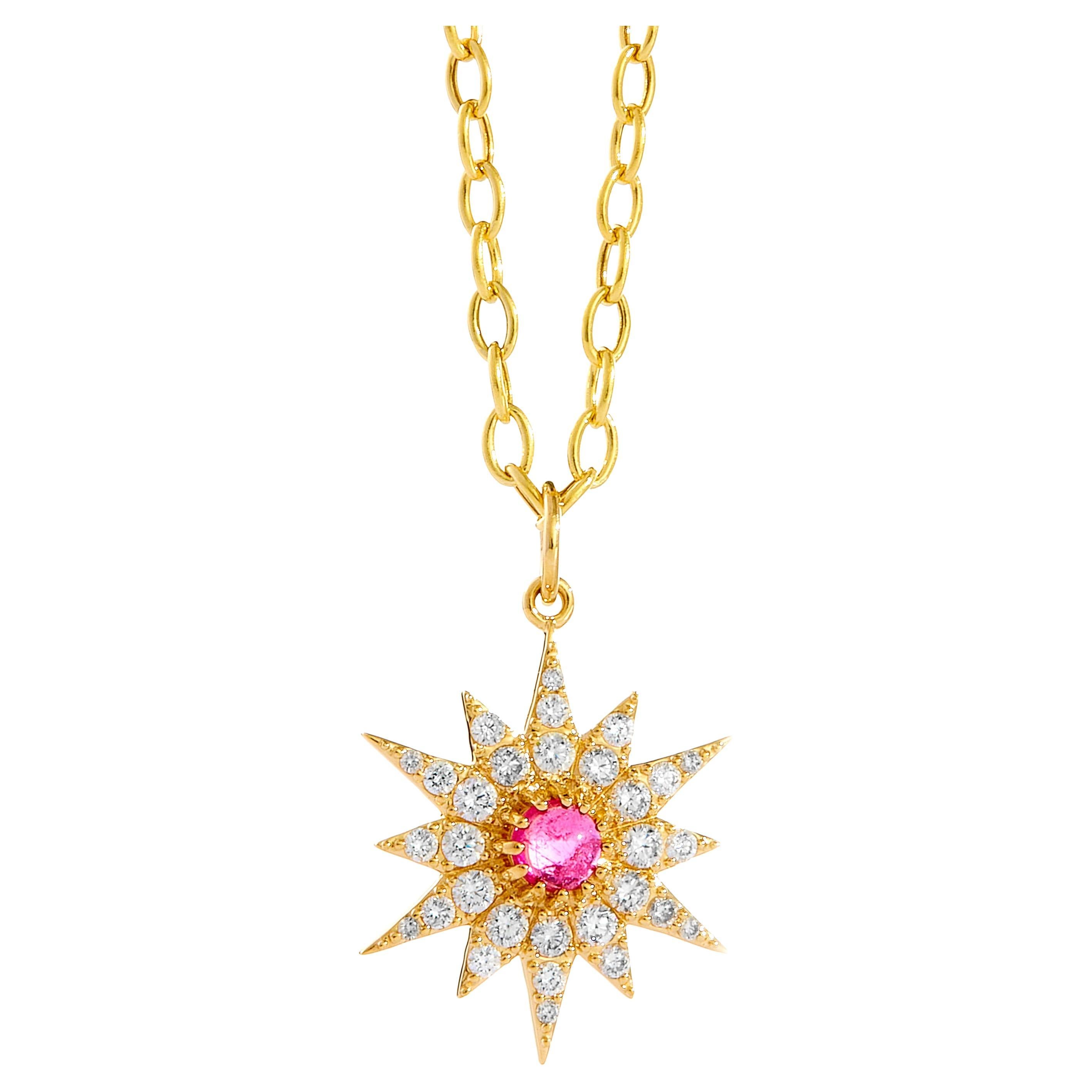 Syna Yellow Gold Starburst Pendant with Rubellite and Diamonds For Sale