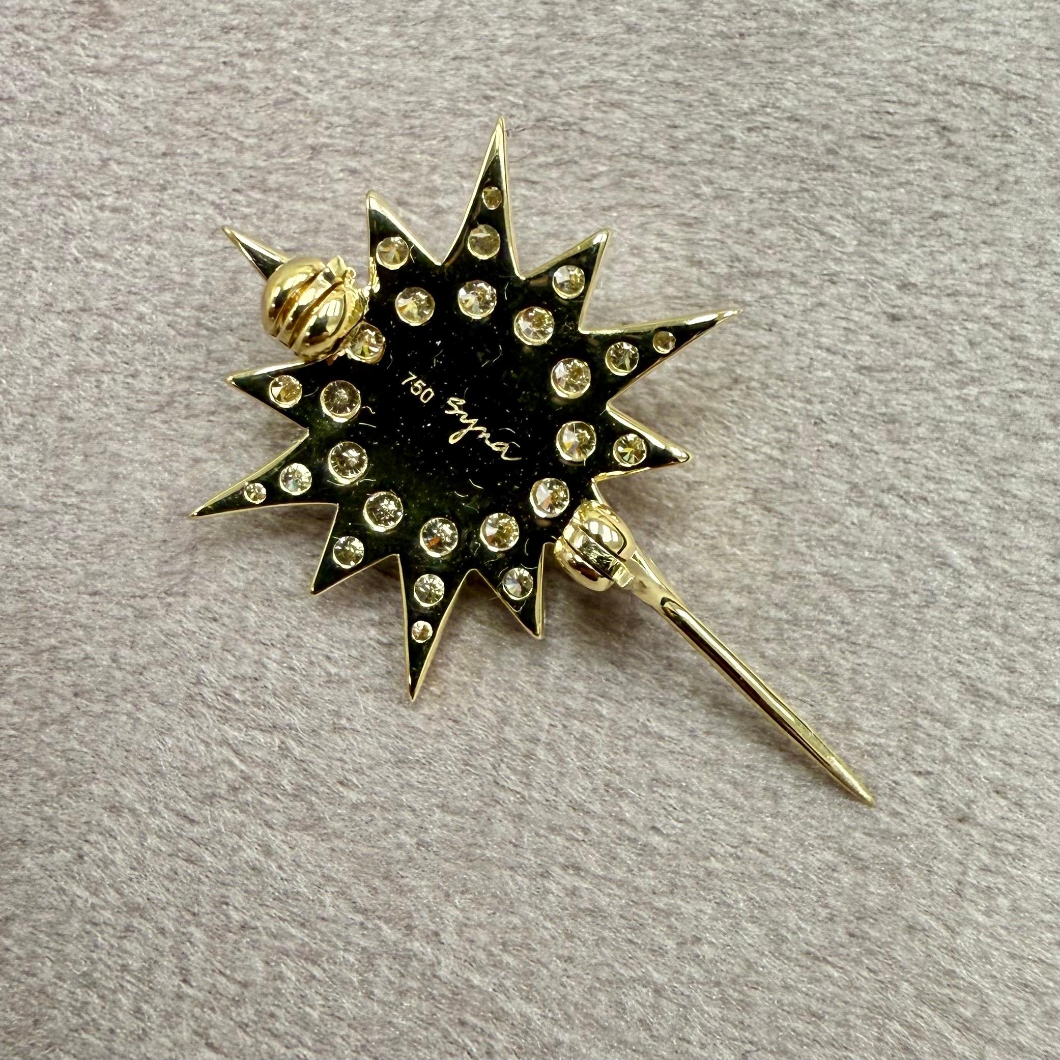 Contemporary Syna Yellow Gold Starburst Pin Pendant with Emerald and Diamonds For Sale
