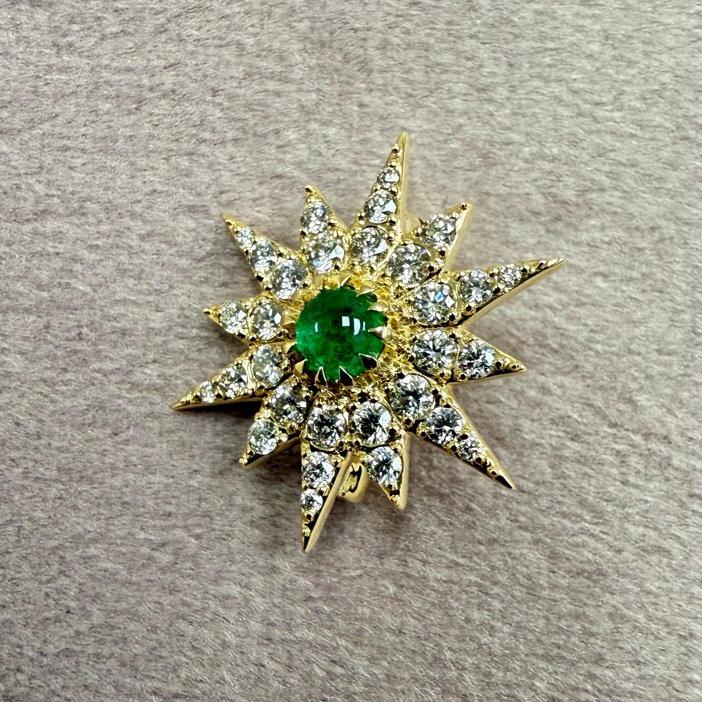 Mixed Cut Syna Yellow Gold Starburst Pin Pendant with Emerald and Diamonds For Sale