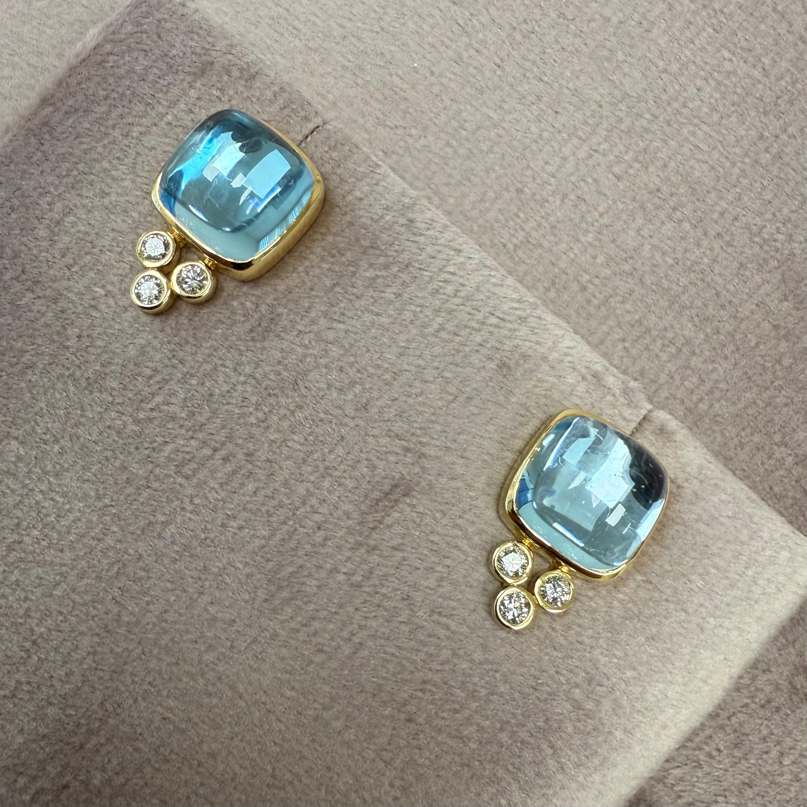 Syna Yellow Gold Sugarloaf Blue Topaz and Diamonds Studs In New Condition For Sale In Fort Lee, NJ