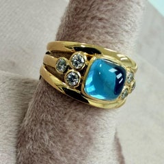 Syna Yellow Gold Sugarloaf Blue Topaz Band with Diamonds