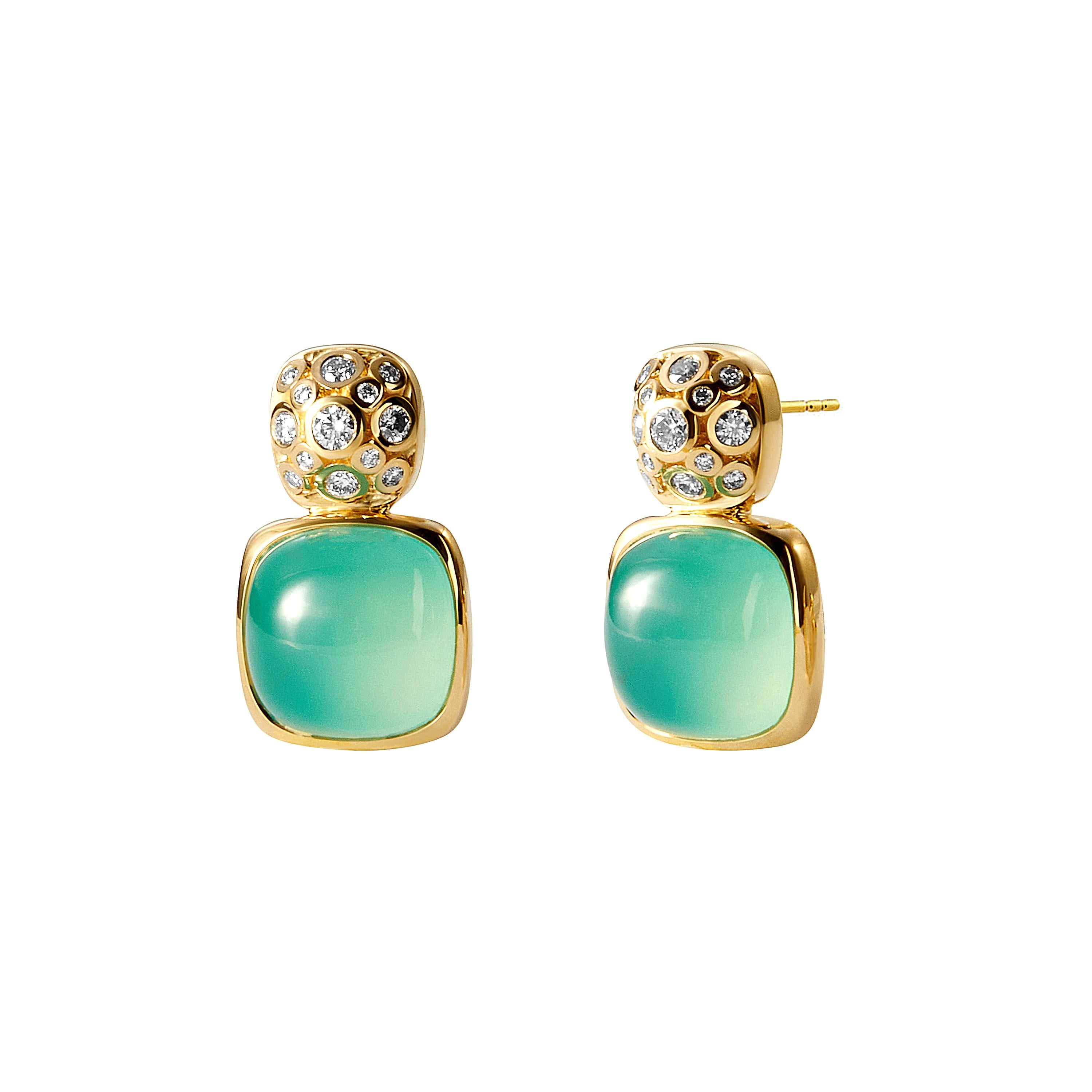 Erstellt in 18kyg
Aquaprase ca. 8,50 Karat.
Diamanten ca. 0,30 Karat.
Postback für gepiercte Ohren
Limitierte Auflage

Diese eleganten Ohrringe aus 18-karätigem Gelbgold sind mit luxuriösen Aquaprasen mit einem Gewicht von ca. 8,50 Karat und 0,30