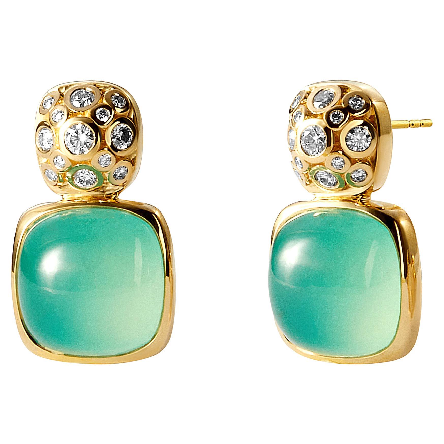 Syna Gelbgold Zuckerhut-Ohrringe mit Aquapras und Diamanten im Angebot
