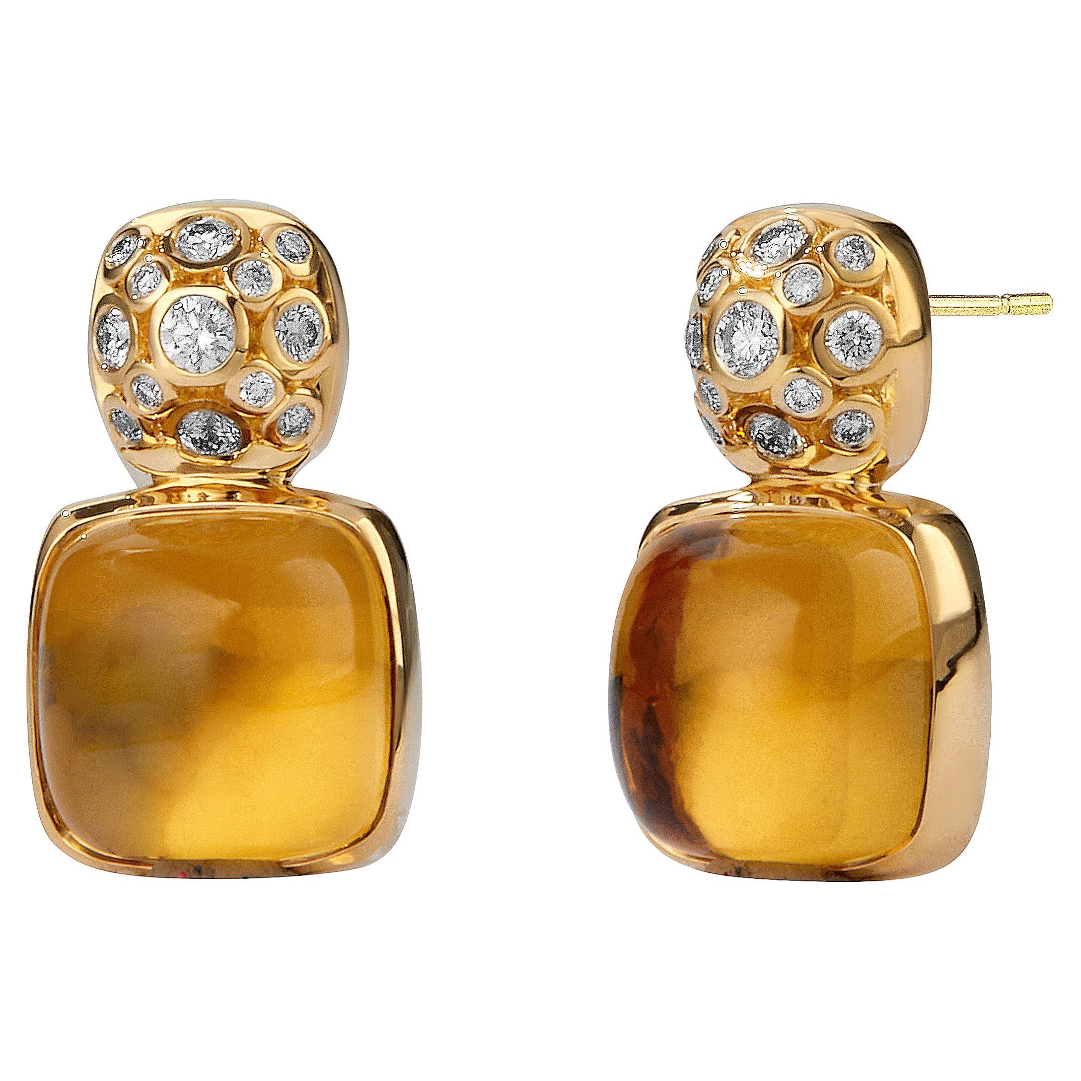 Syna Yellow Gold Sugarloaf Earrings with Citrine and Diamonds  For Sale
