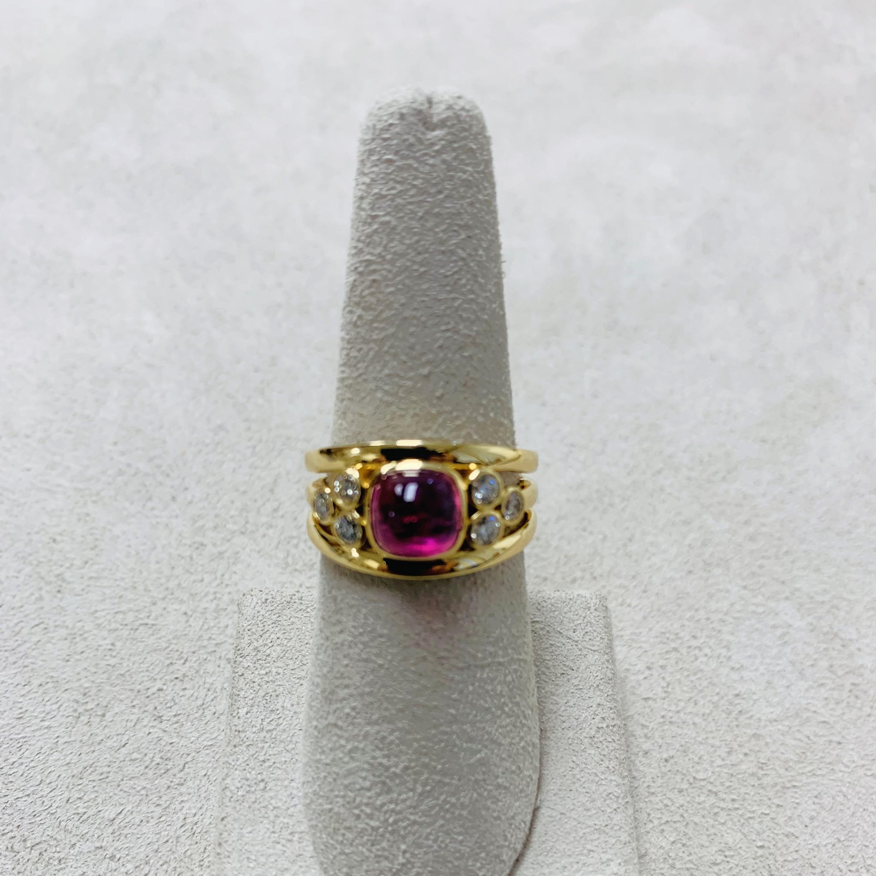 Contemporary Syna Yellow Gold Sugarloaf Rubellite Band with Diamonds For Sale