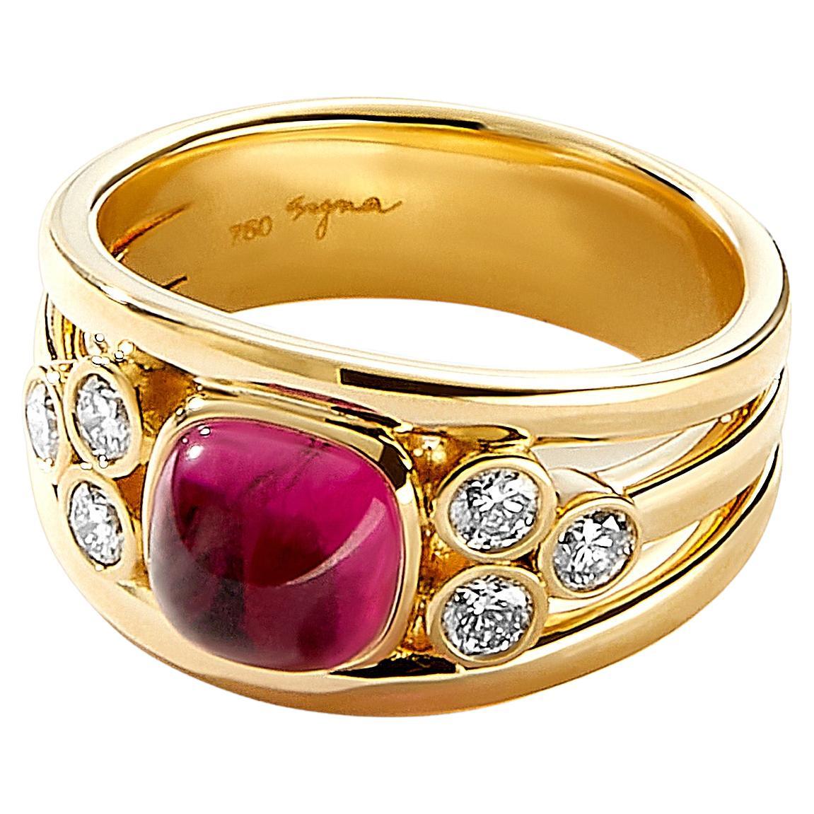 Syna Yellow Gold Sugarloaf Rubellite Band with Diamonds For Sale