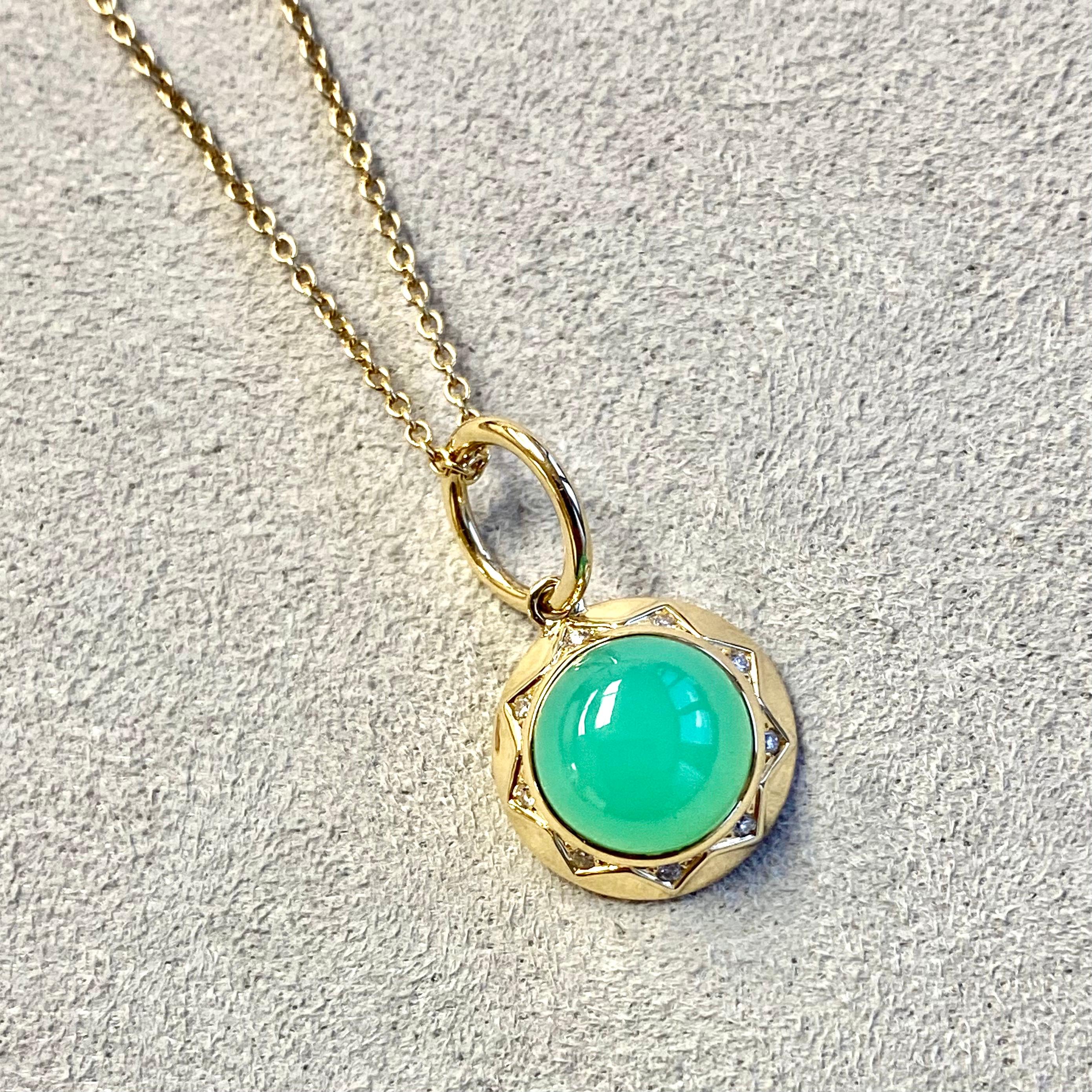 Contemporary Syna Yellow Gold Sun Pendant with Chrysoprase and Champagne Diamonds