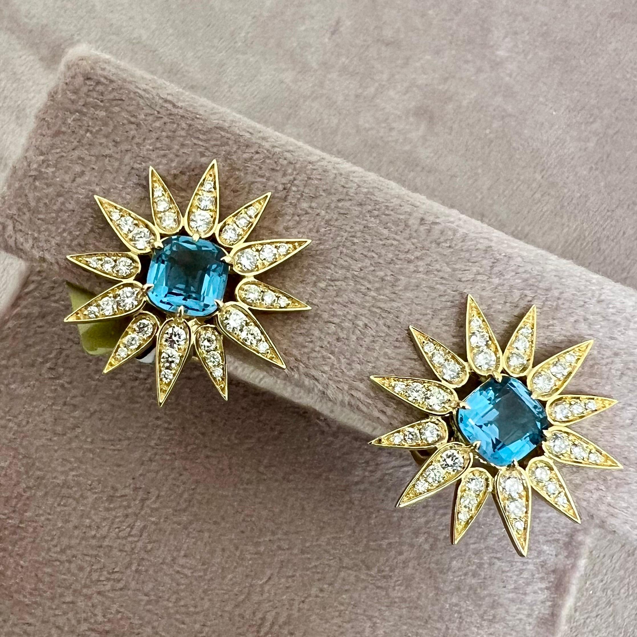 Created in 18 karat yellow gold
Blue Topaz 3.50 carats approx.
Diamonds 1.0 carat approx.
Omega clip-backs & posts
Limited Edition

Forged from 18 karat yellow gold, these limited edition earrings feature an approximate 3.5 carat Blue Topaz and 1.0