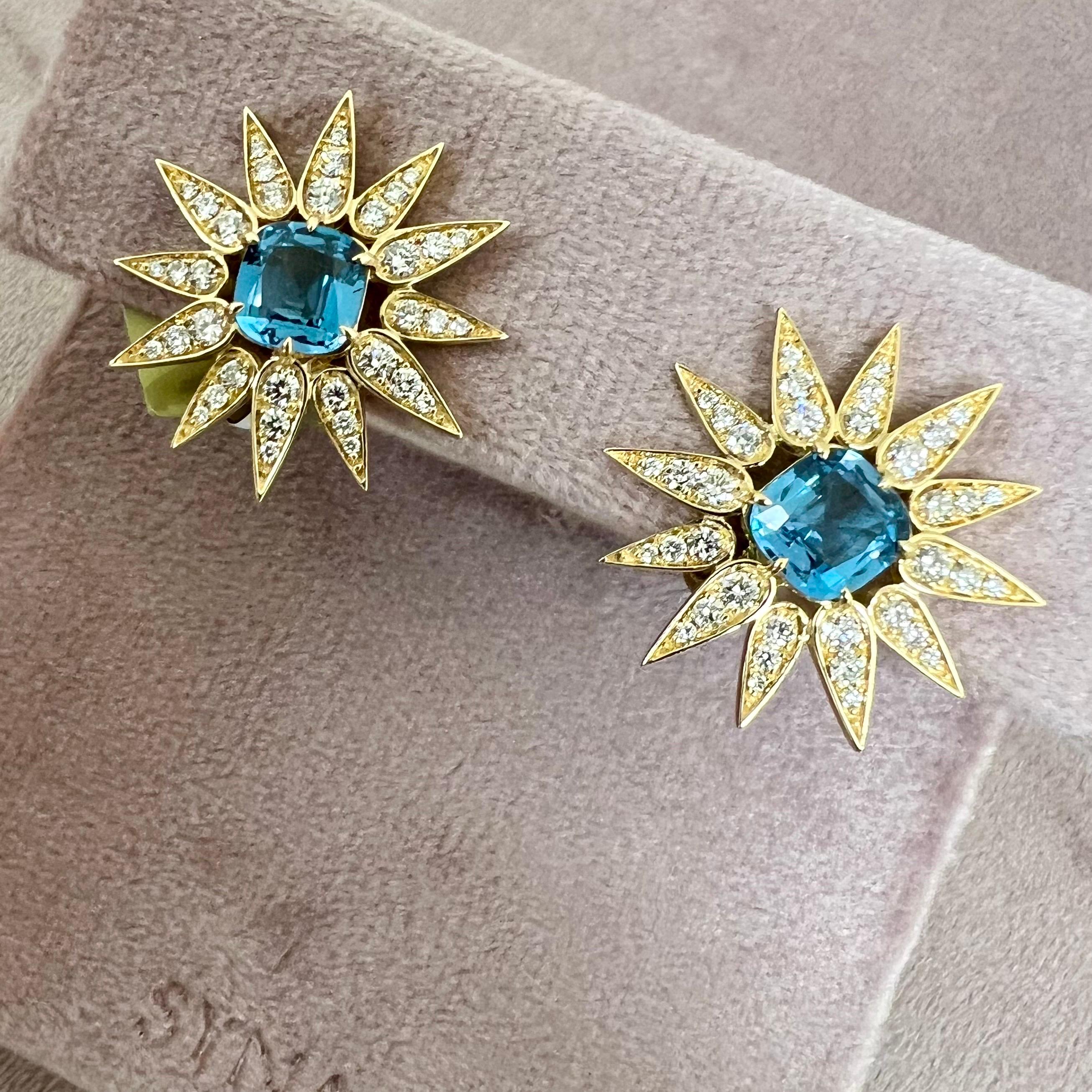 Contemporary Syna Yellow Gold Sunburst Earrings with Blue Topaz and Diamonds For Sale