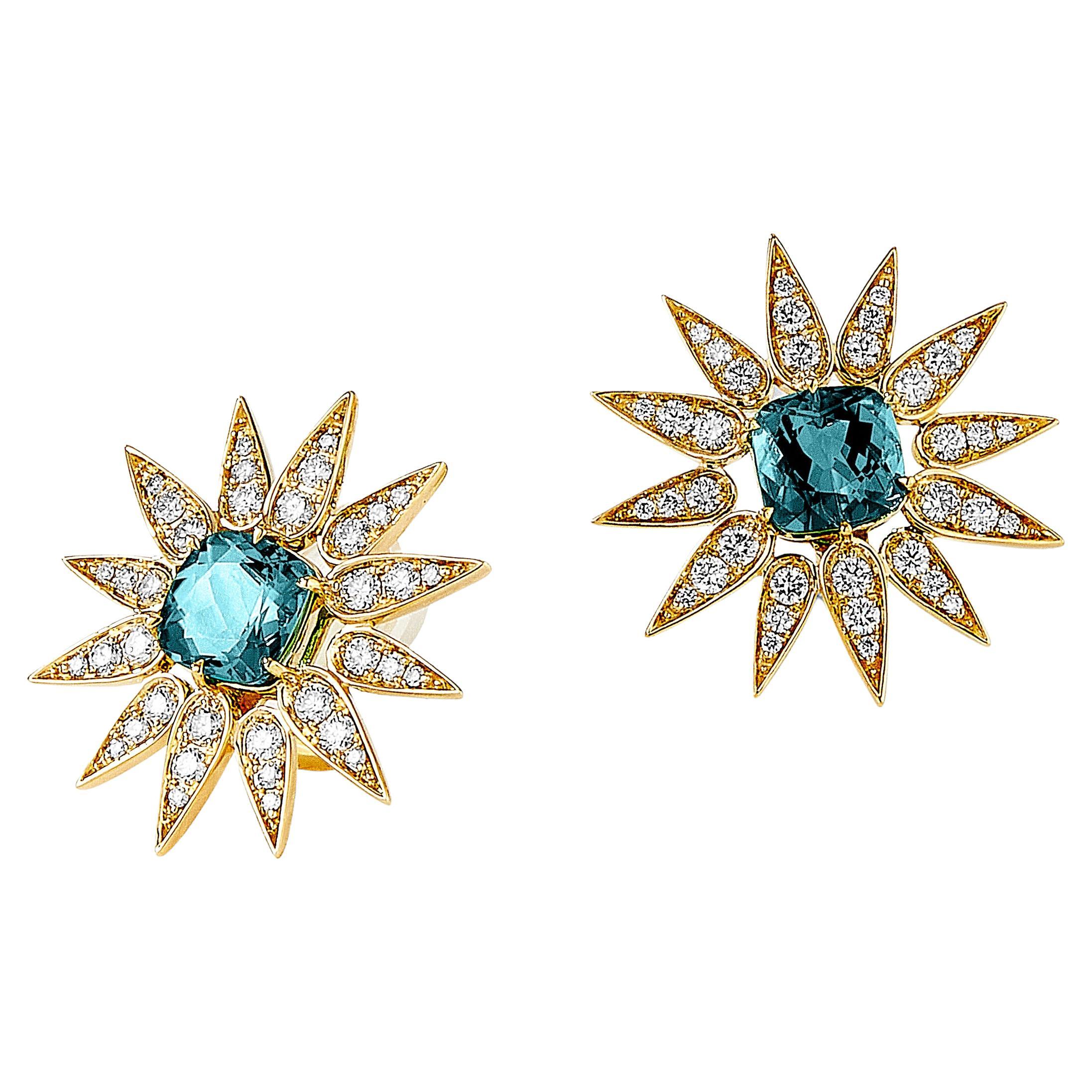 Syna Yellow Gold Sunburst Earrings with Blue Topaz and Diamonds For Sale