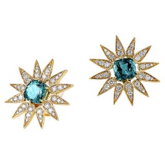 Syna Yellow Gold Sunburst Earrings with Blue Topaz and Diamonds
