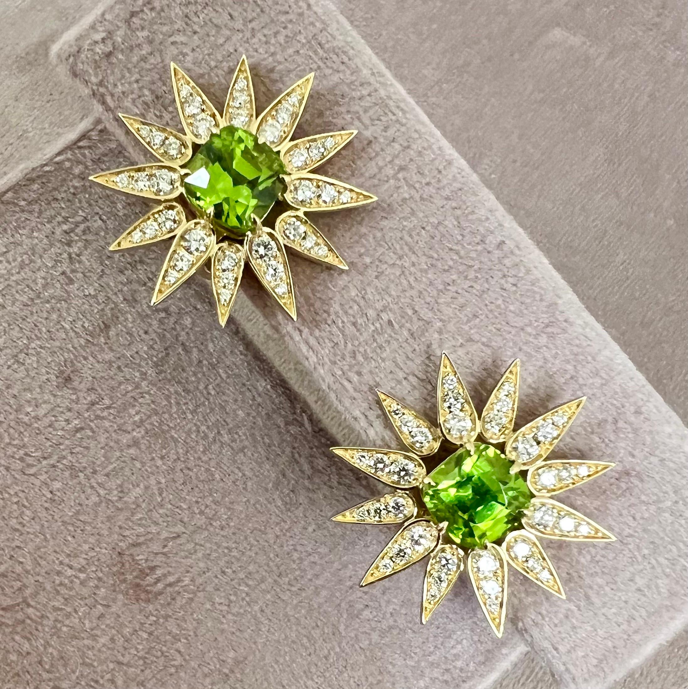 Created in 18 karat yellow gold
Peridot 3 carats approx.
Diamonds 1.0 carat approx.
Omega clip-backs & posts
Limited Edition

Forged from 18 karat yellow gold, these limited edition earrings feature an approximate 3 carat Peridot and 1.0 carat