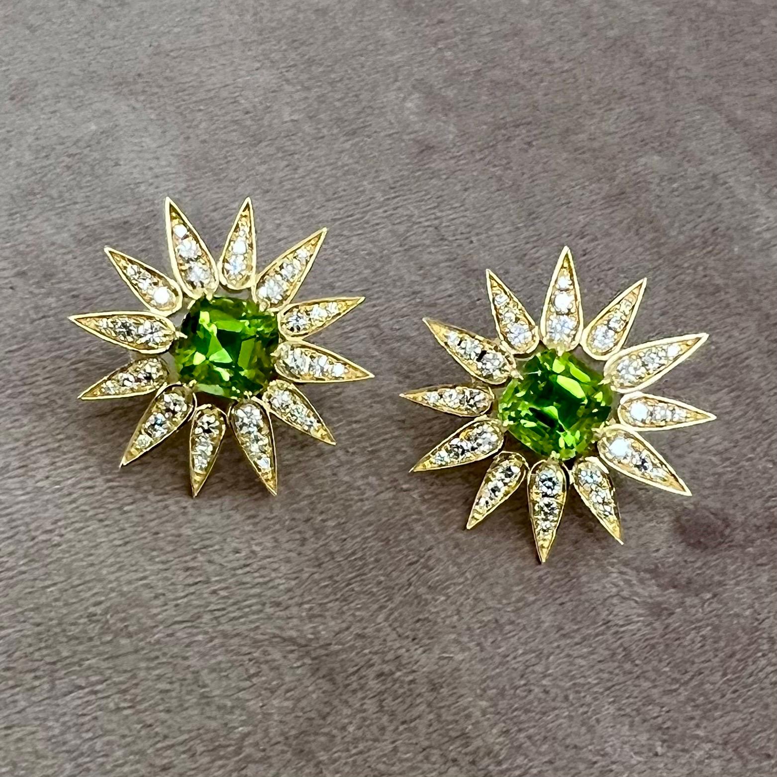 Contemporary Syna Yellow Gold Sunburst Earrings with Peridot and Diamonds