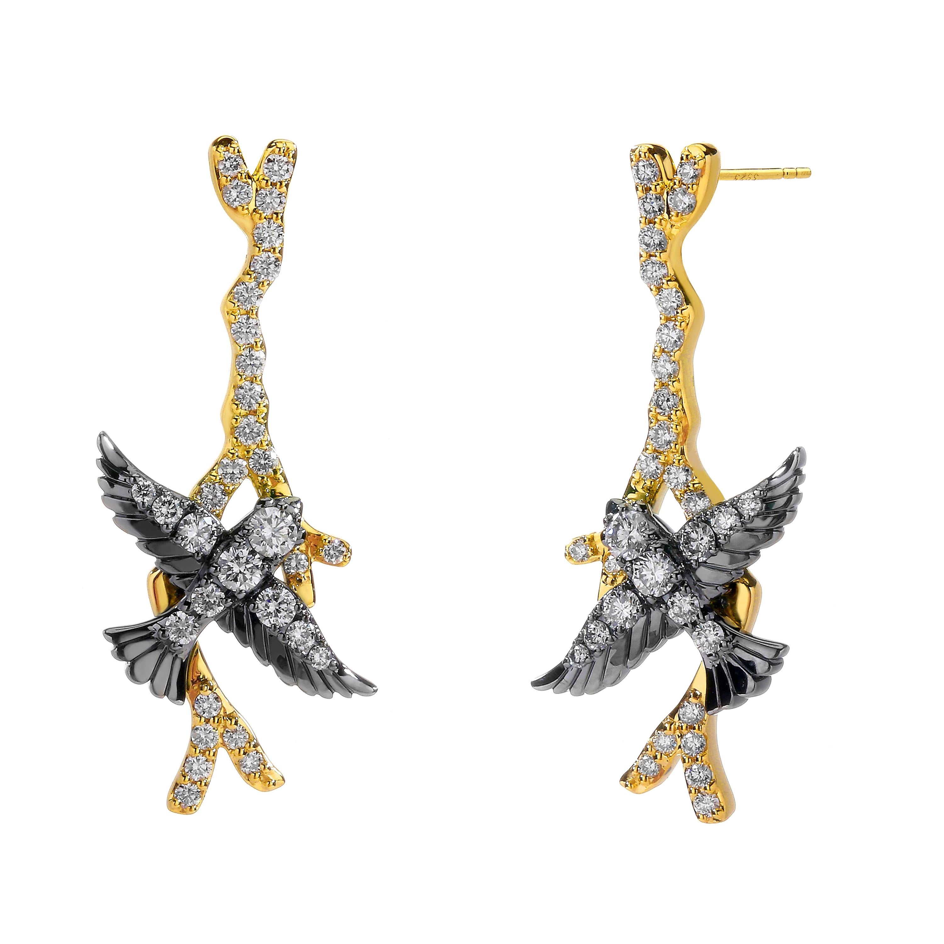 Syna Yellow Gold Swallow Earrings with Champagne Diamonds