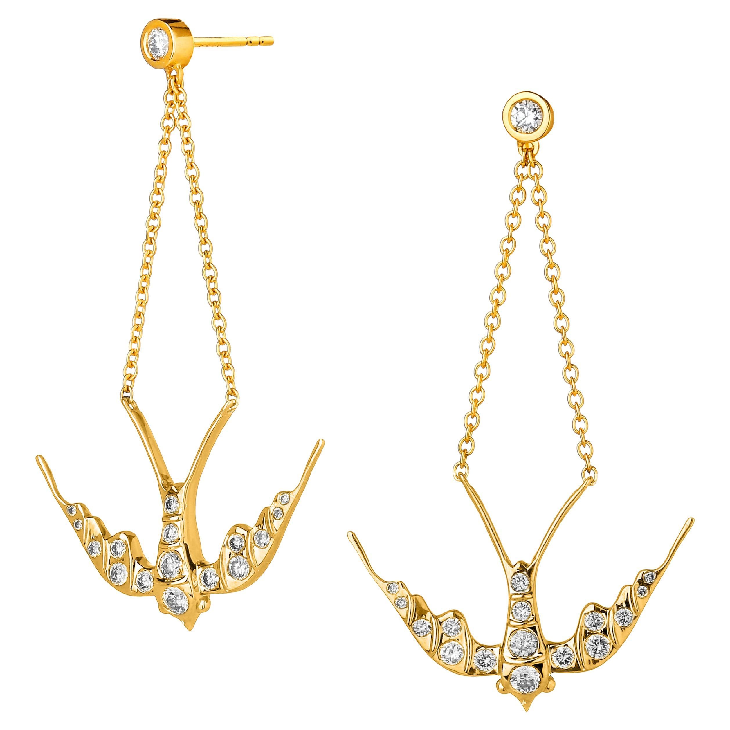 Syna Yellow Gold Swallow Earrings with Diamonds