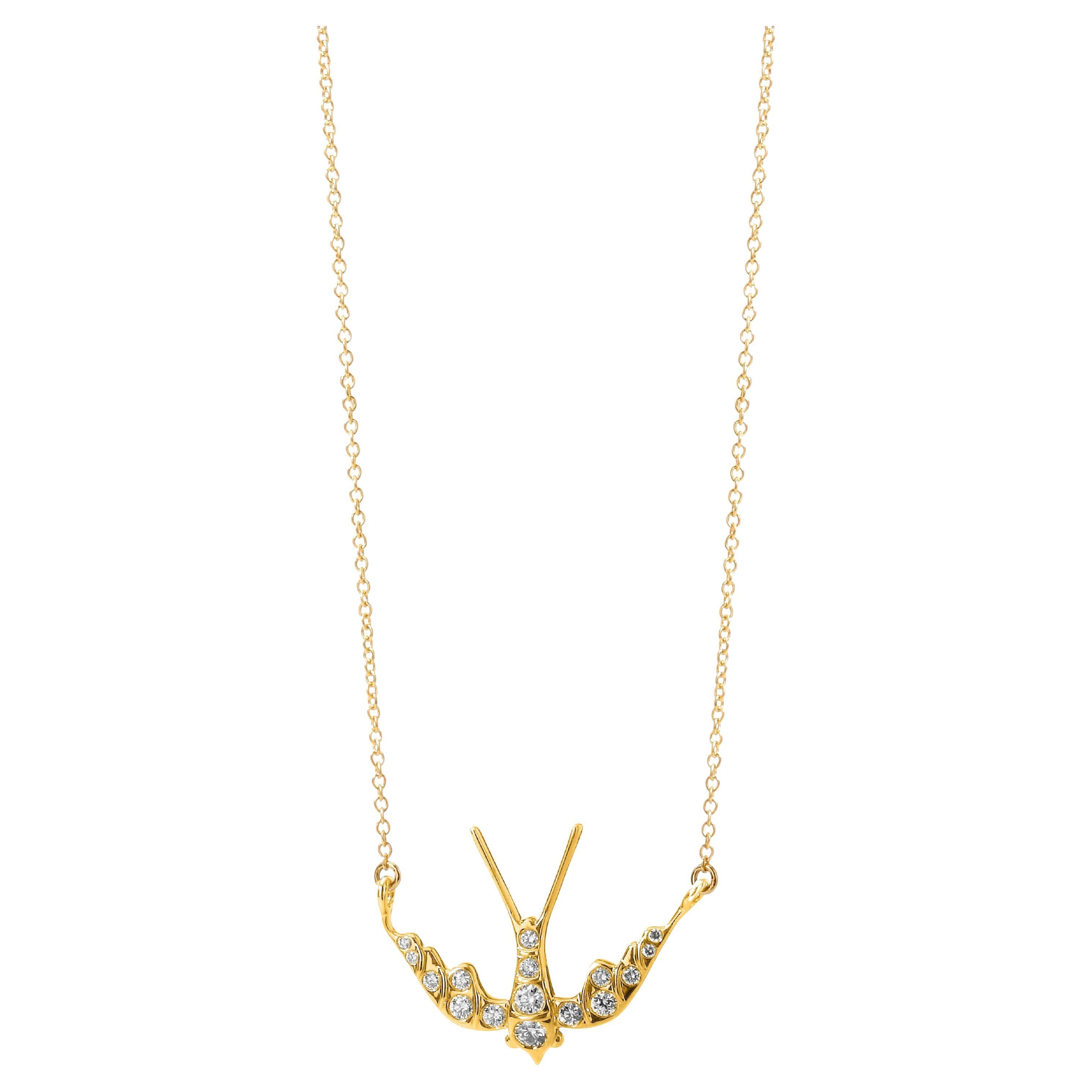 Syna Yellow Gold Swallow Necklace with Diamonds