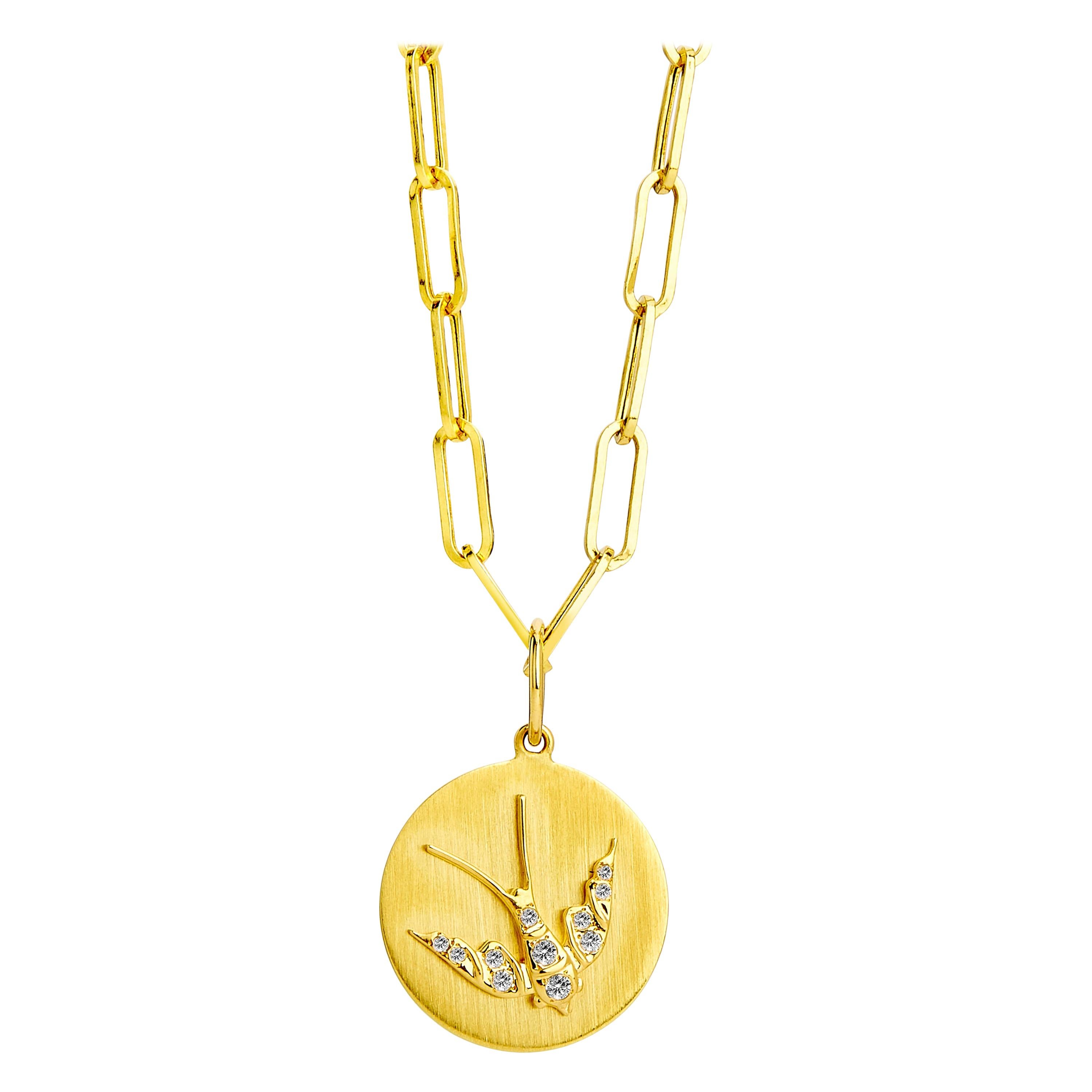 Syna Yellow Gold Swallow Pendant with Diamonds For Sale