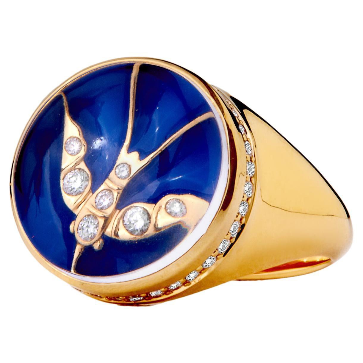 Syna Bague hirondelle en or jaune avec cristal de roche, émail et diamants