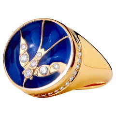 Syna Yellow Gold Swallow Ring with Rock Crystal, Enamel and Diamonds