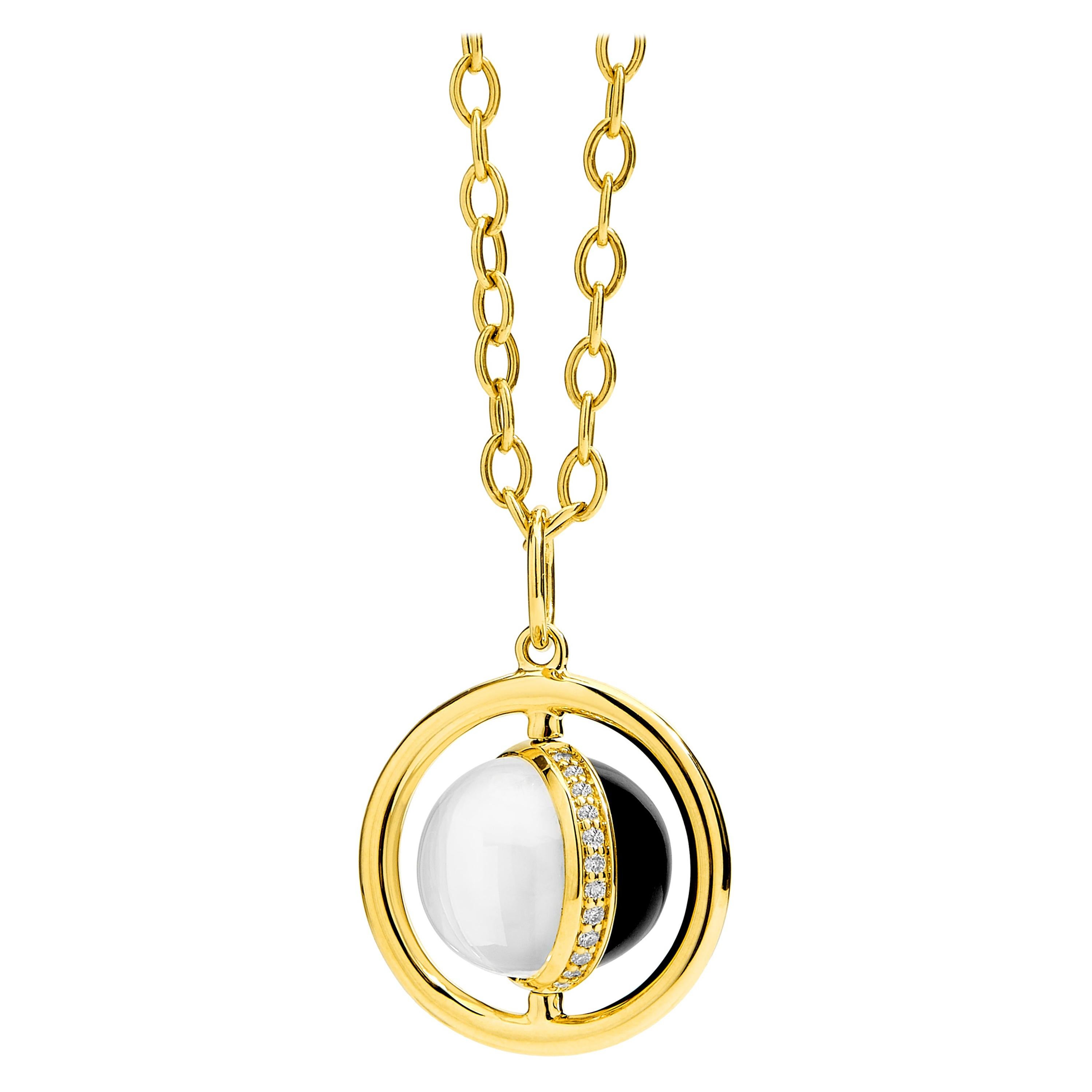 Syna Yellow Gold Swivel Pendant with Black Onyx Moon Quartz & Diamonds For Sale