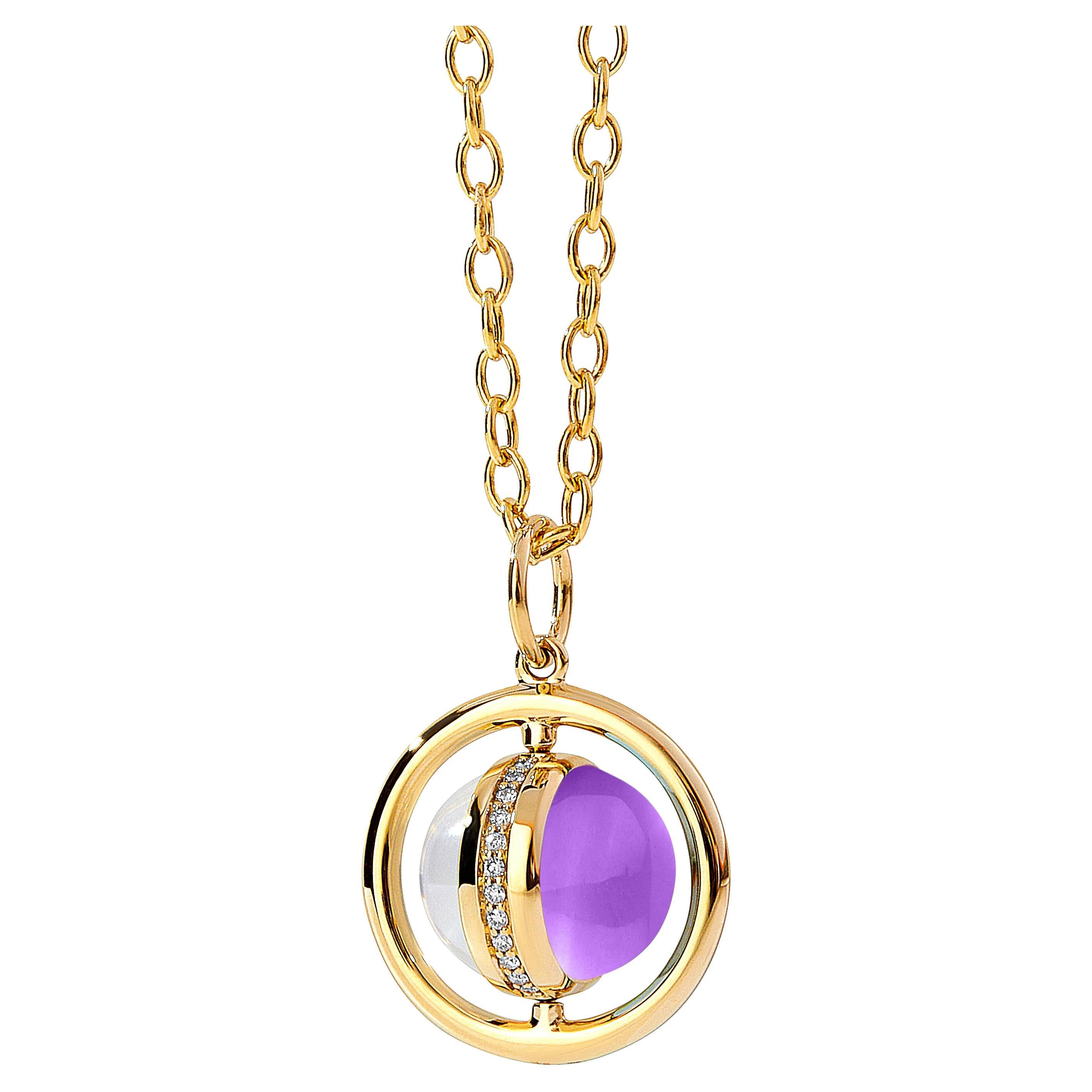 Syna Yellow Gold Swivel Pendant with Moon Quartz, Amethyst and Diamonds For Sale
