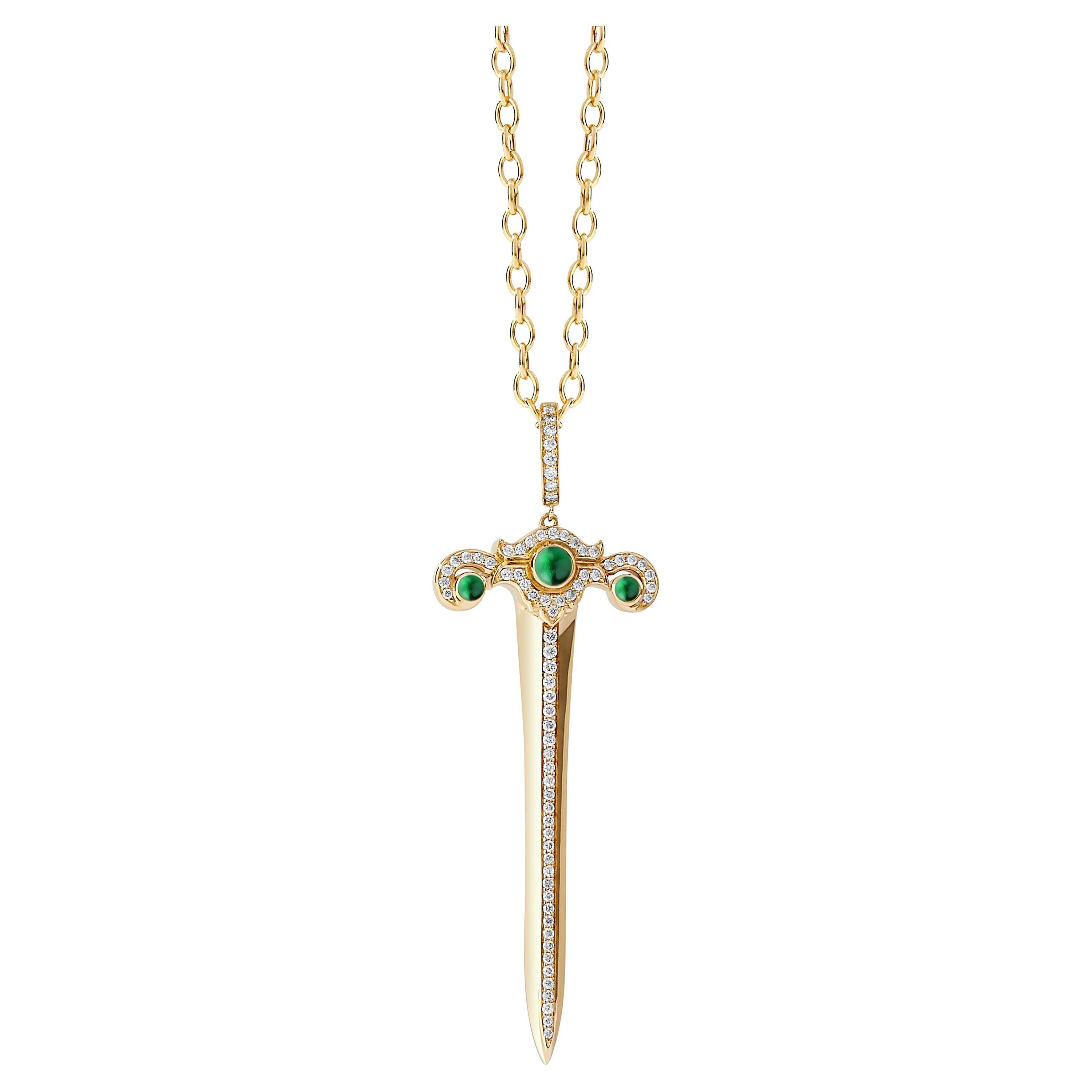 Colgante Espada Syna de Oro Amarillo con Esmeraldas y Diamantes en venta