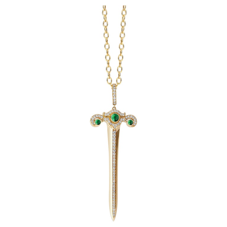 Syna Yellow Gold Sword Pendant with Emeralds and Diamonds For Sale
