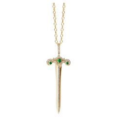 Syna Yellow Gold Sword Pendant with Emeralds and Diamonds