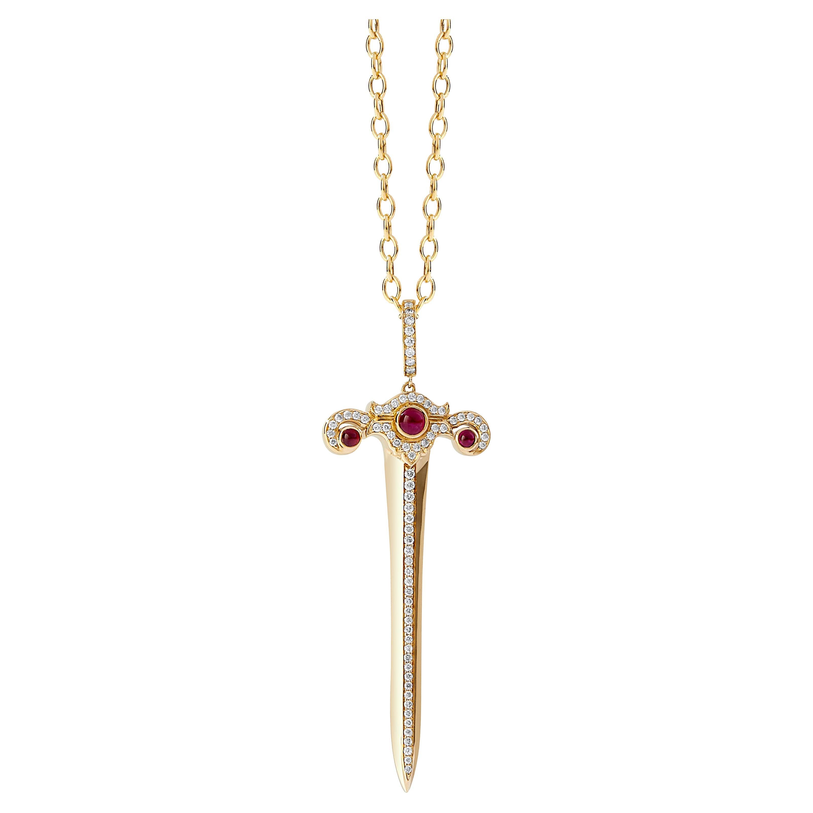 Syna Yellow Gold Sword Pendant with Rubies and Diamonds For Sale