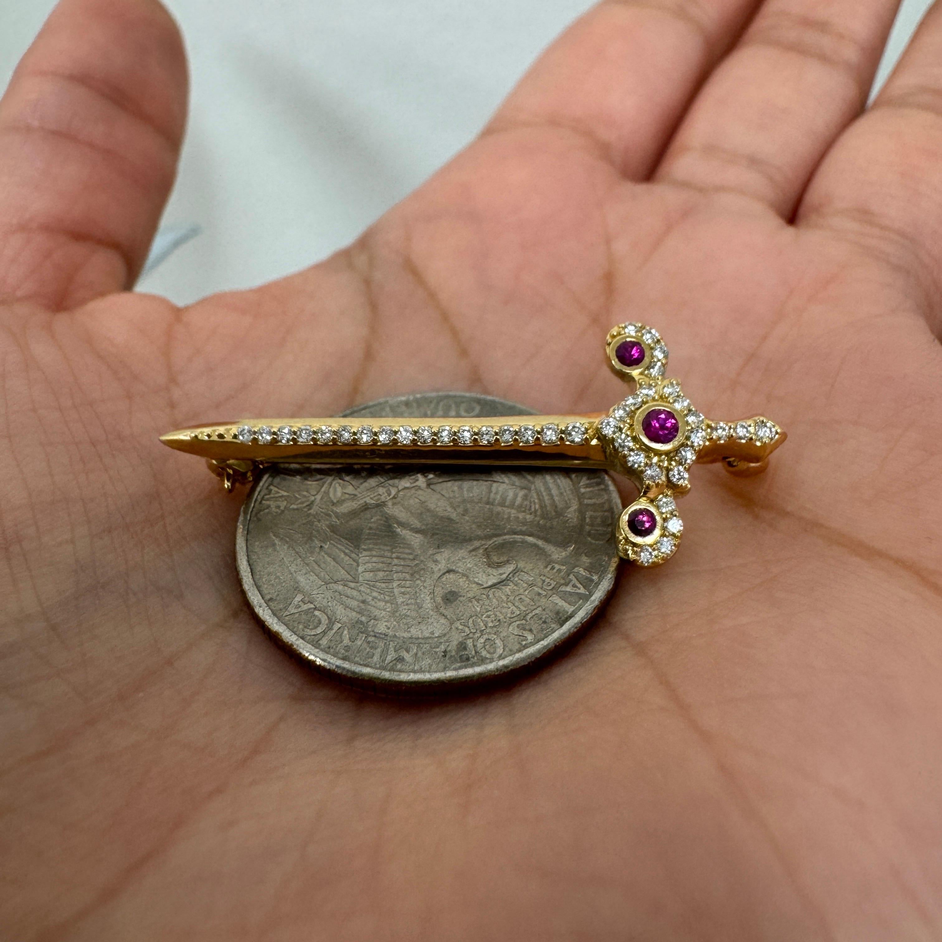 Contemporary Syna Yellow Gold Sword Pin with Rubies and Diamonds For Sale
