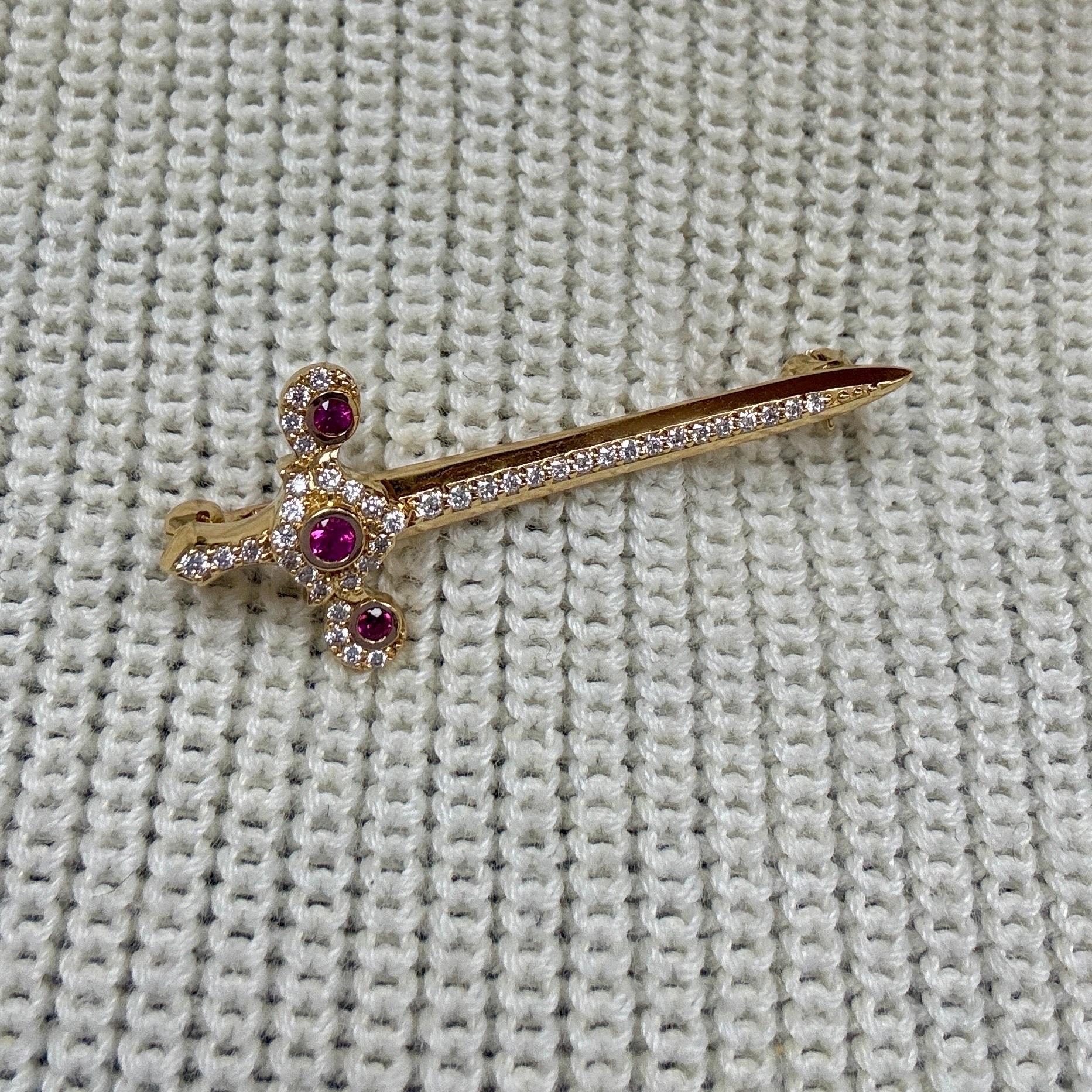 Mixed Cut Syna Yellow Gold Sword Pin with Rubies and Diamonds For Sale
