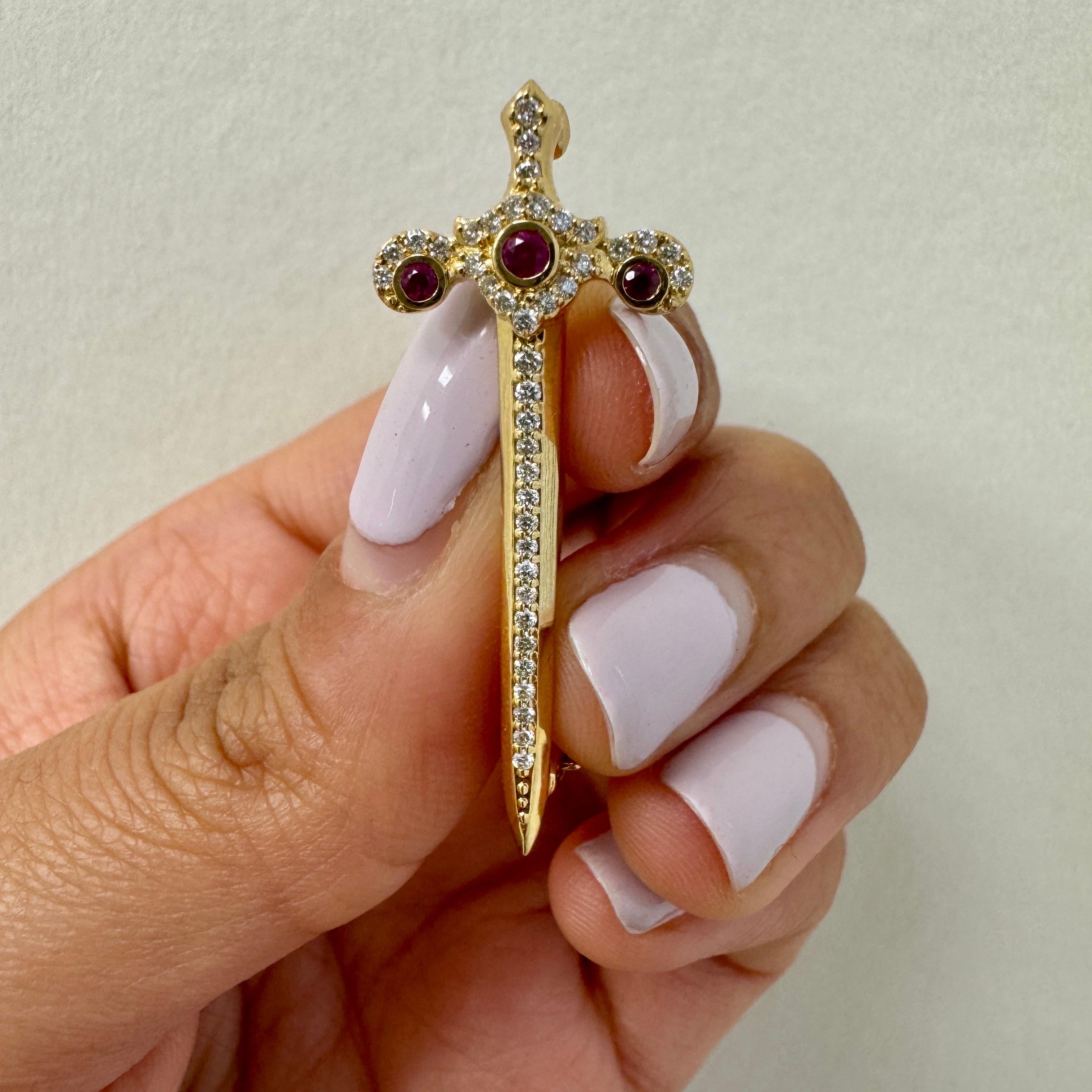 Women's or Men's Syna Yellow Gold Sword Pin with Rubies and Diamonds For Sale