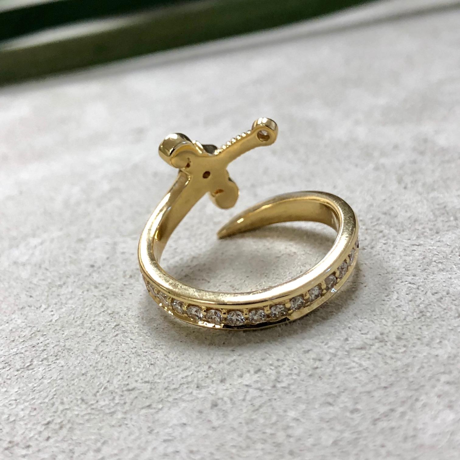 Contemporary Syna Yellow Gold Sword Ring with Bright Diamonds For Sale
