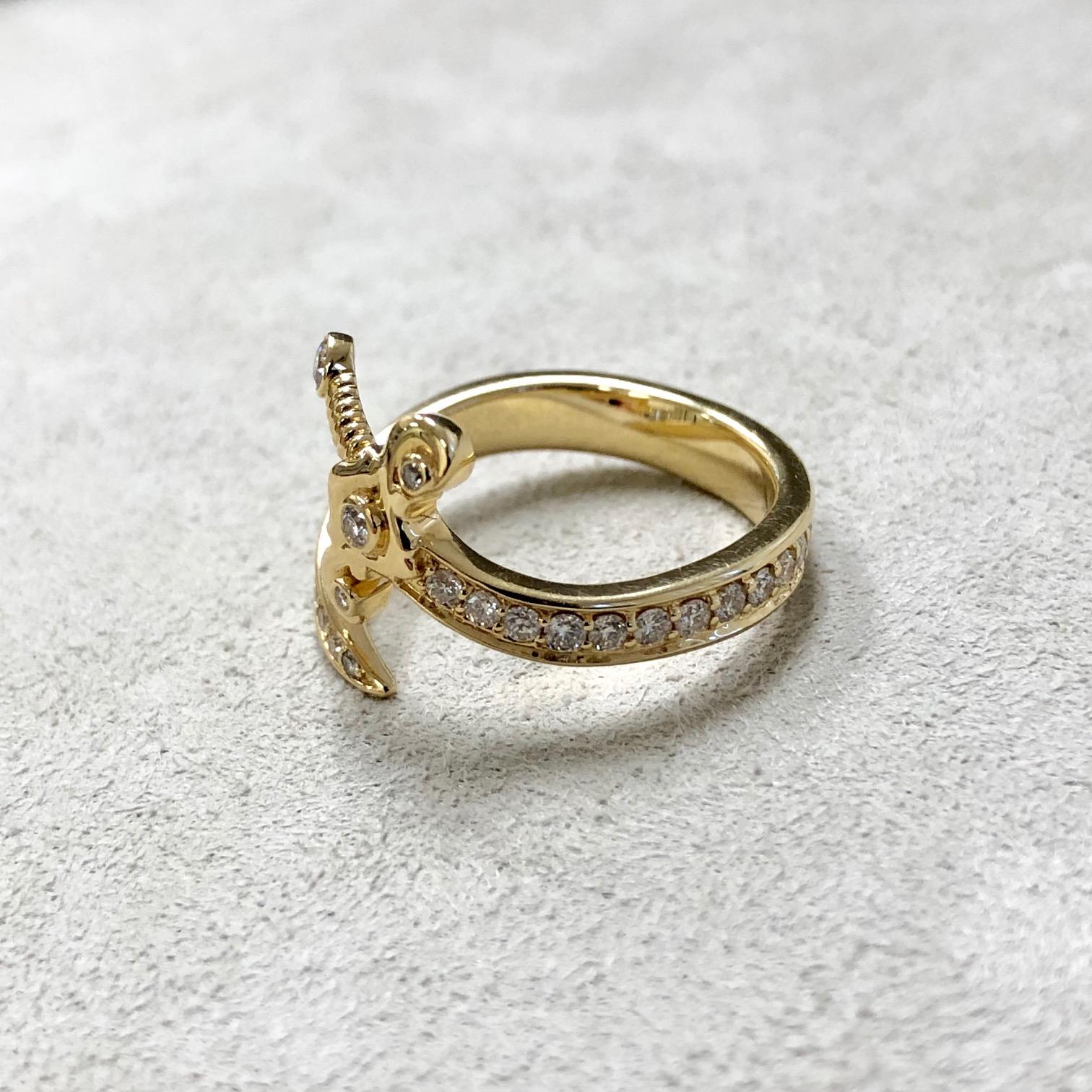Brilliant Cut Syna Yellow Gold Sword Ring with Bright Diamonds For Sale