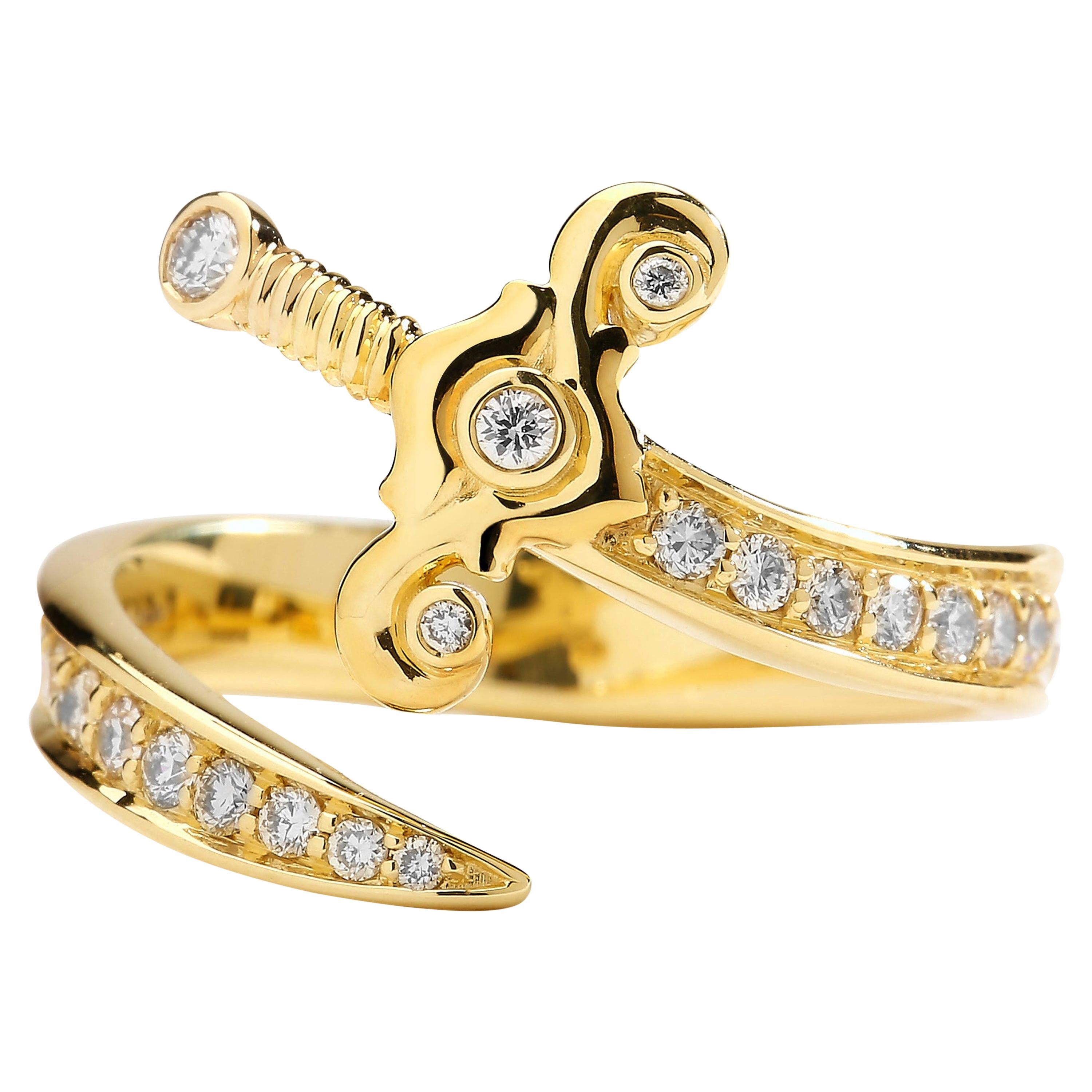 Syna Yellow Gold Sword Ring with Bright Diamonds For Sale