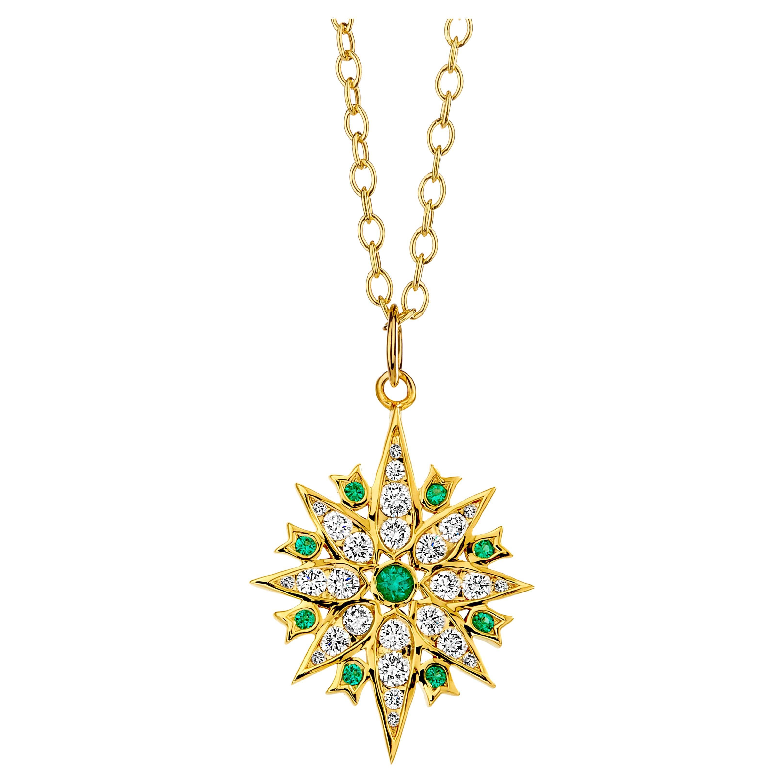 Syna Yellow Gold Taara Pendant with Emeralds and Diamonds For Sale