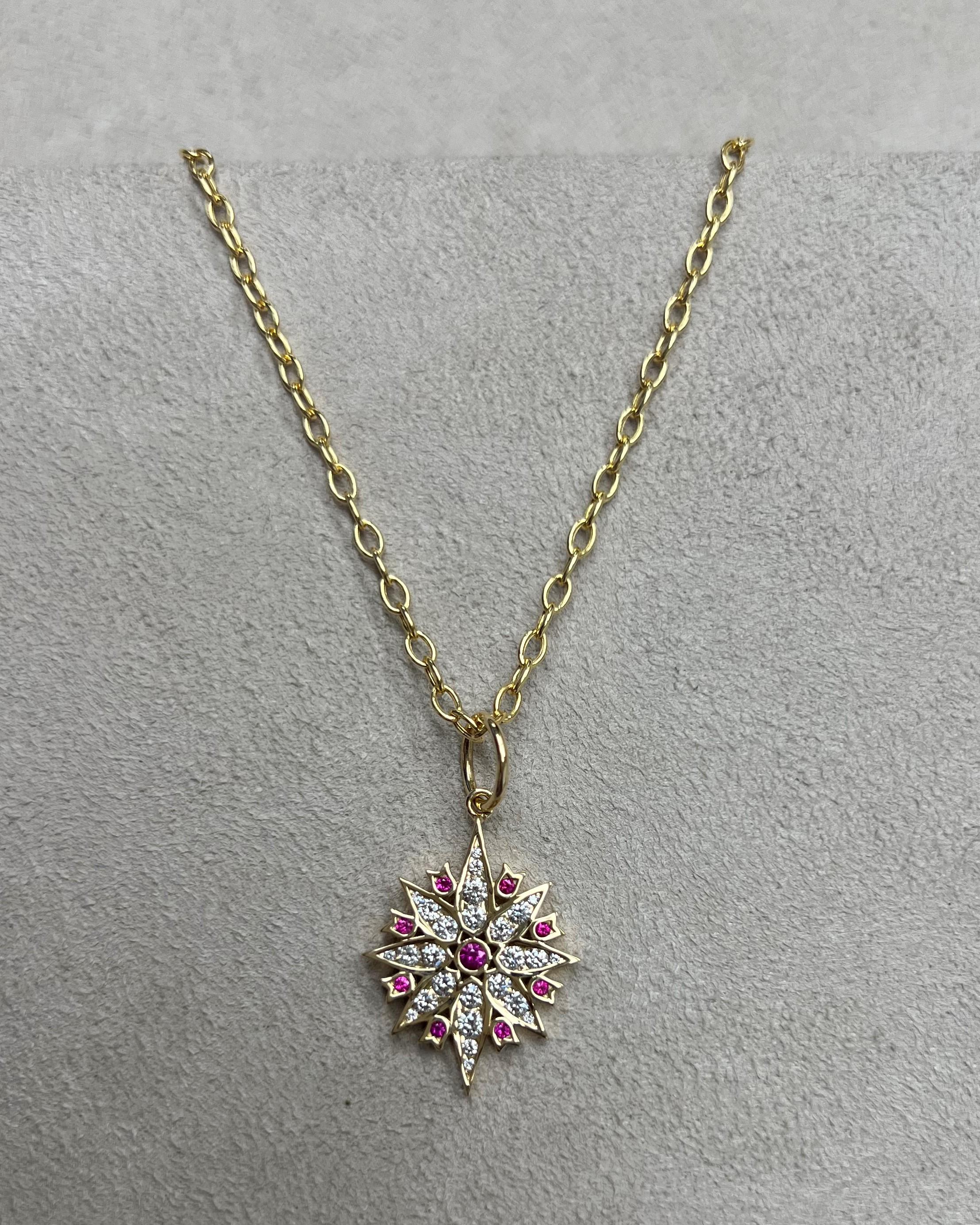 Contemporary Syna Yellow Gold Taara Pendant with Rubies and Diamonds For Sale