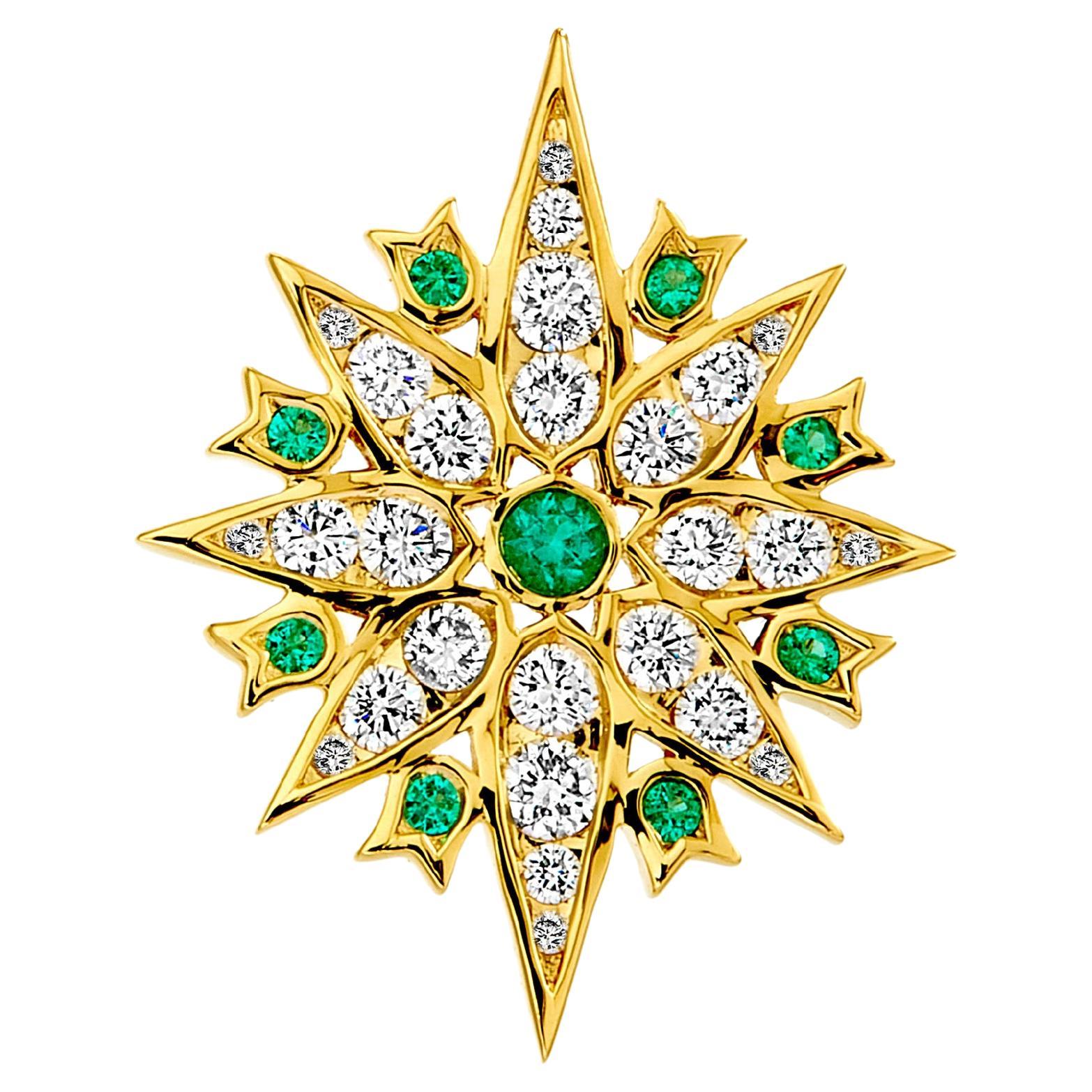 Syna Yellow Gold Taara Pin with Diamonds and Emeralds For Sale
