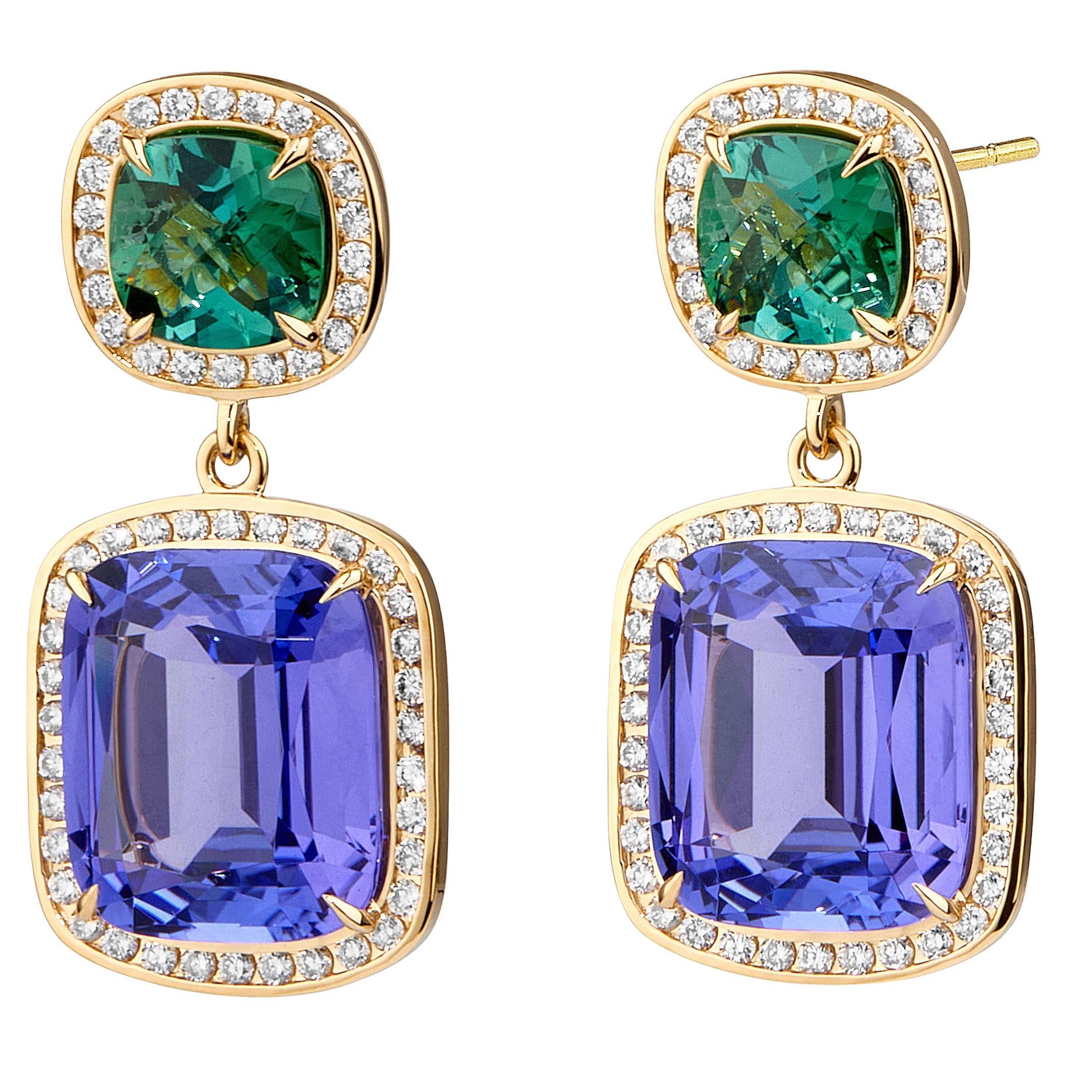 Syna Yellow Gold Tanzanite, Green Tourmaline and Diamonds Earrings