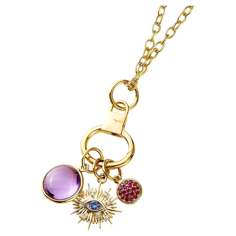 Syna Yellow Gold Three Charms Evil Eye Necklace with Gemstones and Diamonds  For Sale at 1stDibs | evil gemstones