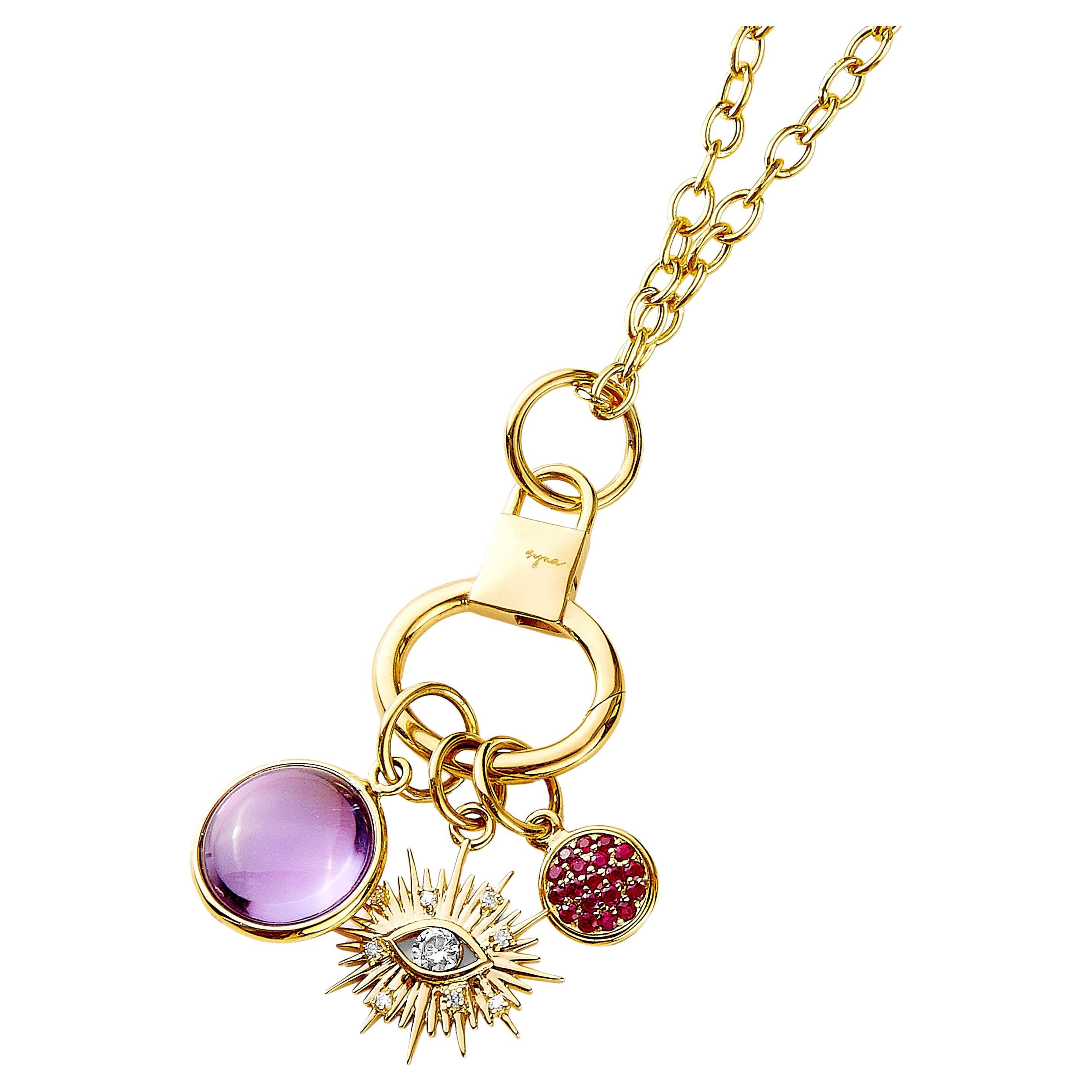 Syna Yellow Gold Three Charms Evil Eye Necklace with Gemstones and Diamonds