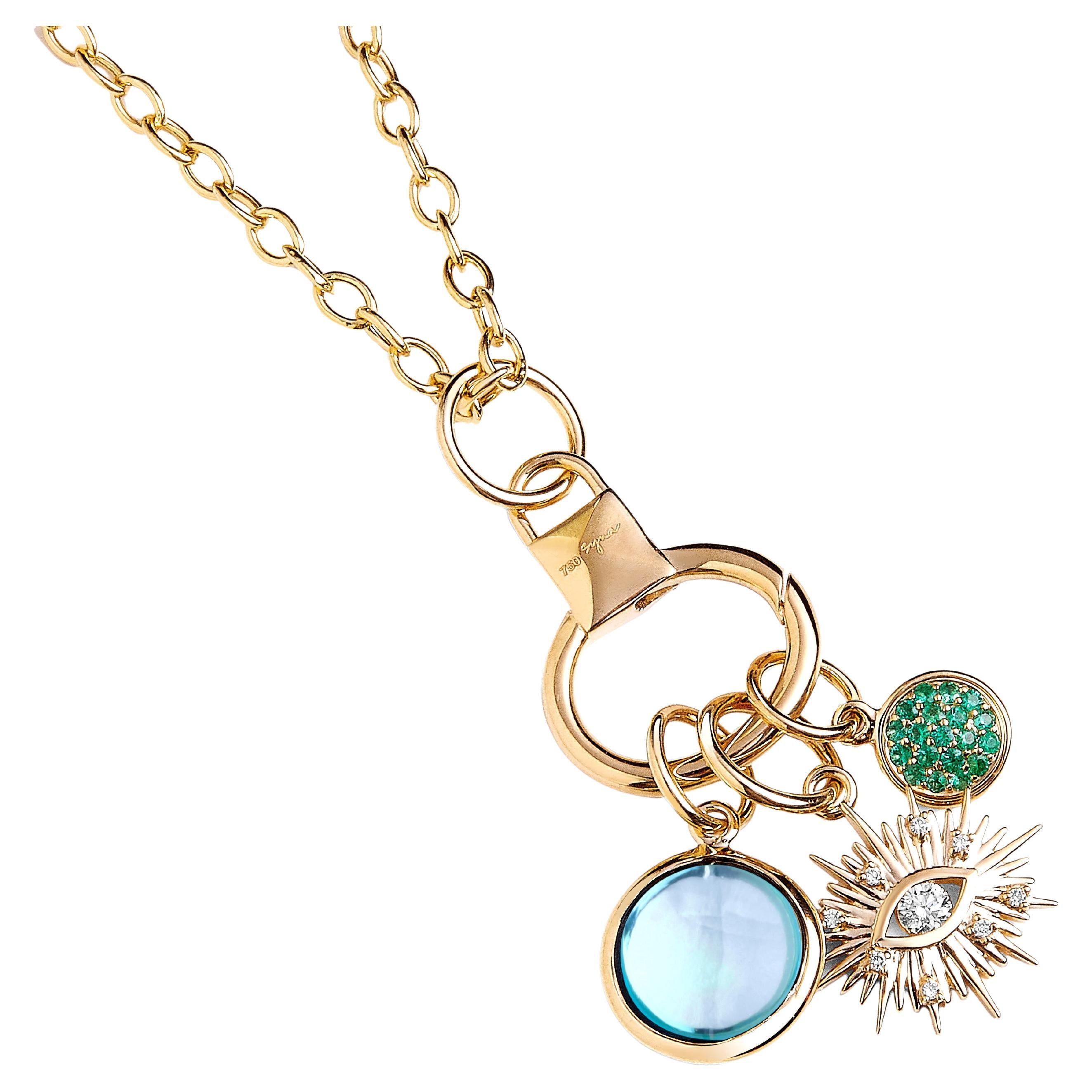 Syna Yellow Gold Three Charms Evil Eye Necklace with Gemstones and Diamonds For Sale