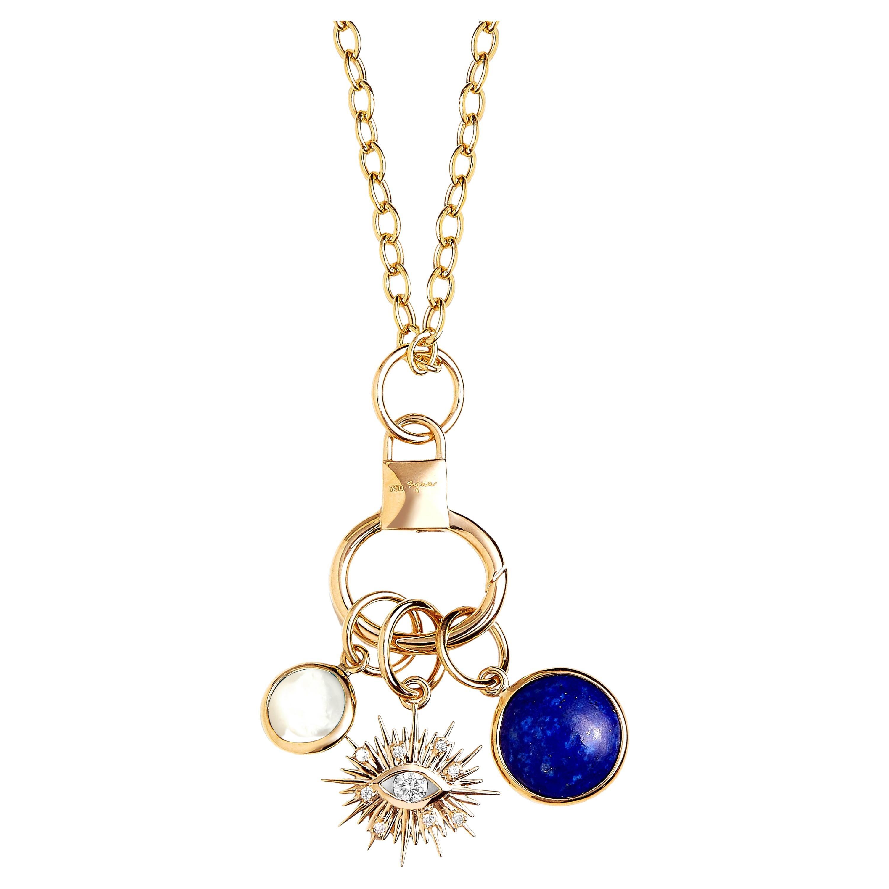 Syna Yellow Gold Three Charms Evil Eye Necklace with Gemstones and Diamonds