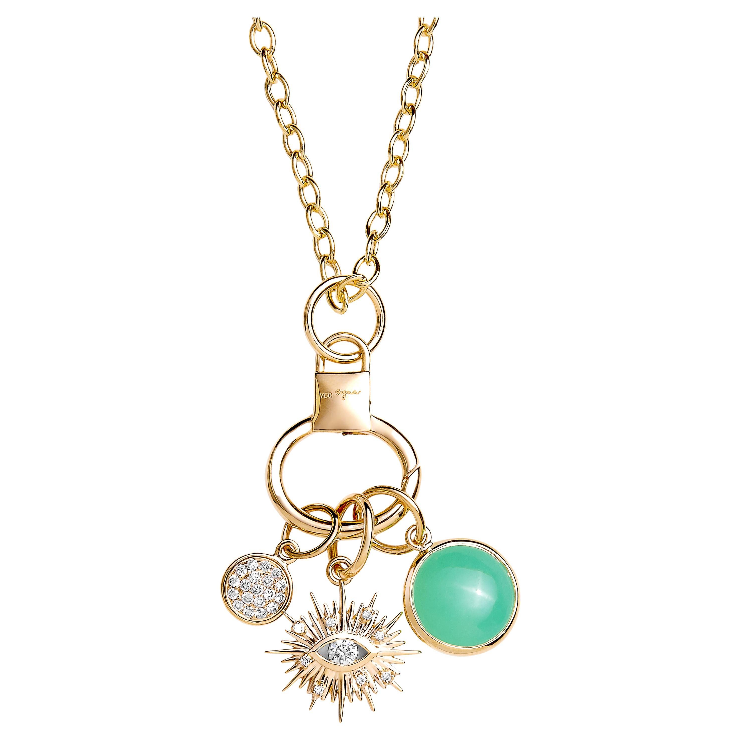 Syna Yellow Gold Three Charms with Evil Eye, Chrysoprase and Diamonds For Sale