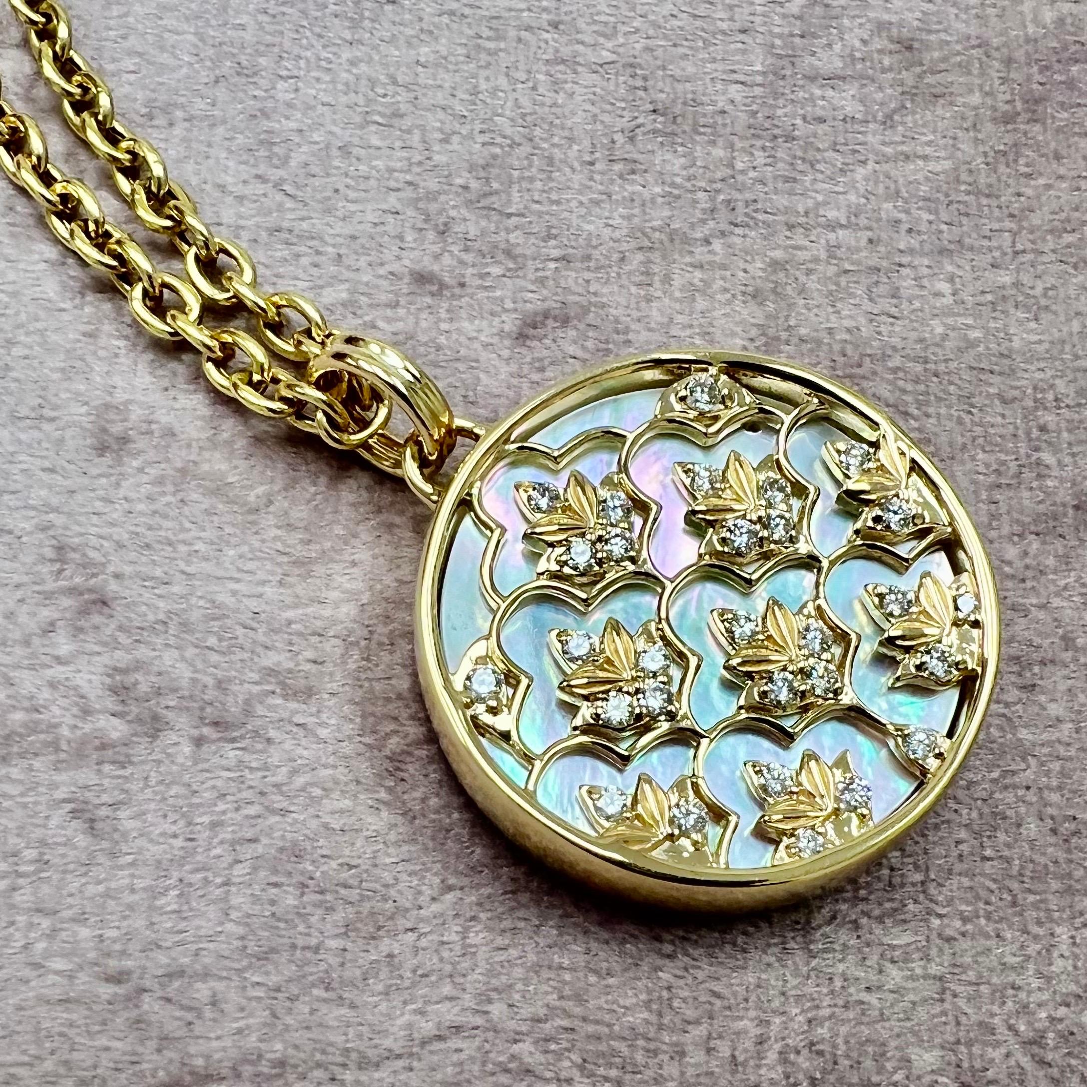 Contemporary Syna Yellow Gold Tree of Life Reversible Pendant with Mother of Pearl & Diamonds For Sale