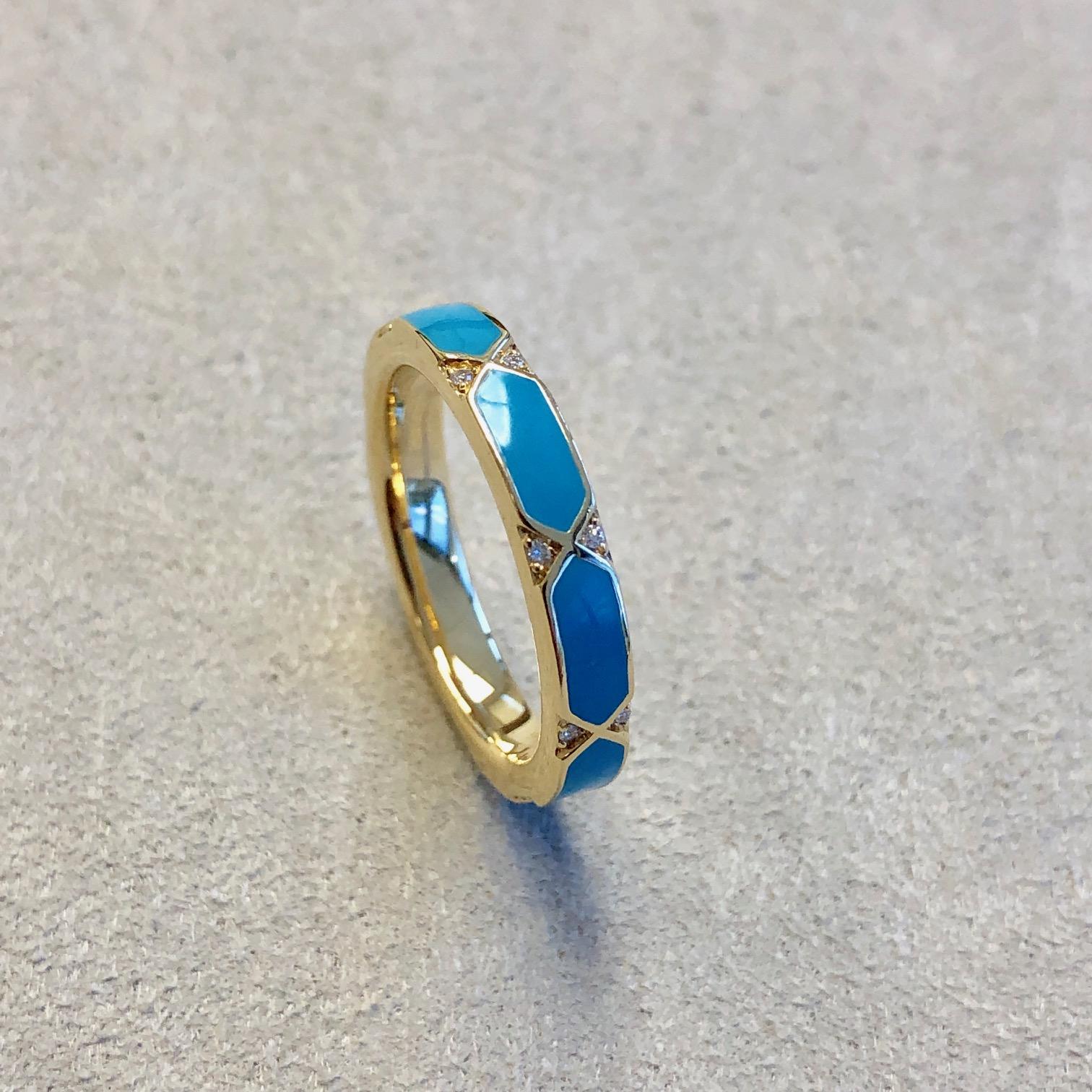 Created in 18 karat yellow gold
Turquoise blue enamel 
Diamonds 0.06 ct approx
Can be stacked with other colors. Other colors available are black and white
Ring size US 6.5, Can be made in other ring sizes on special order