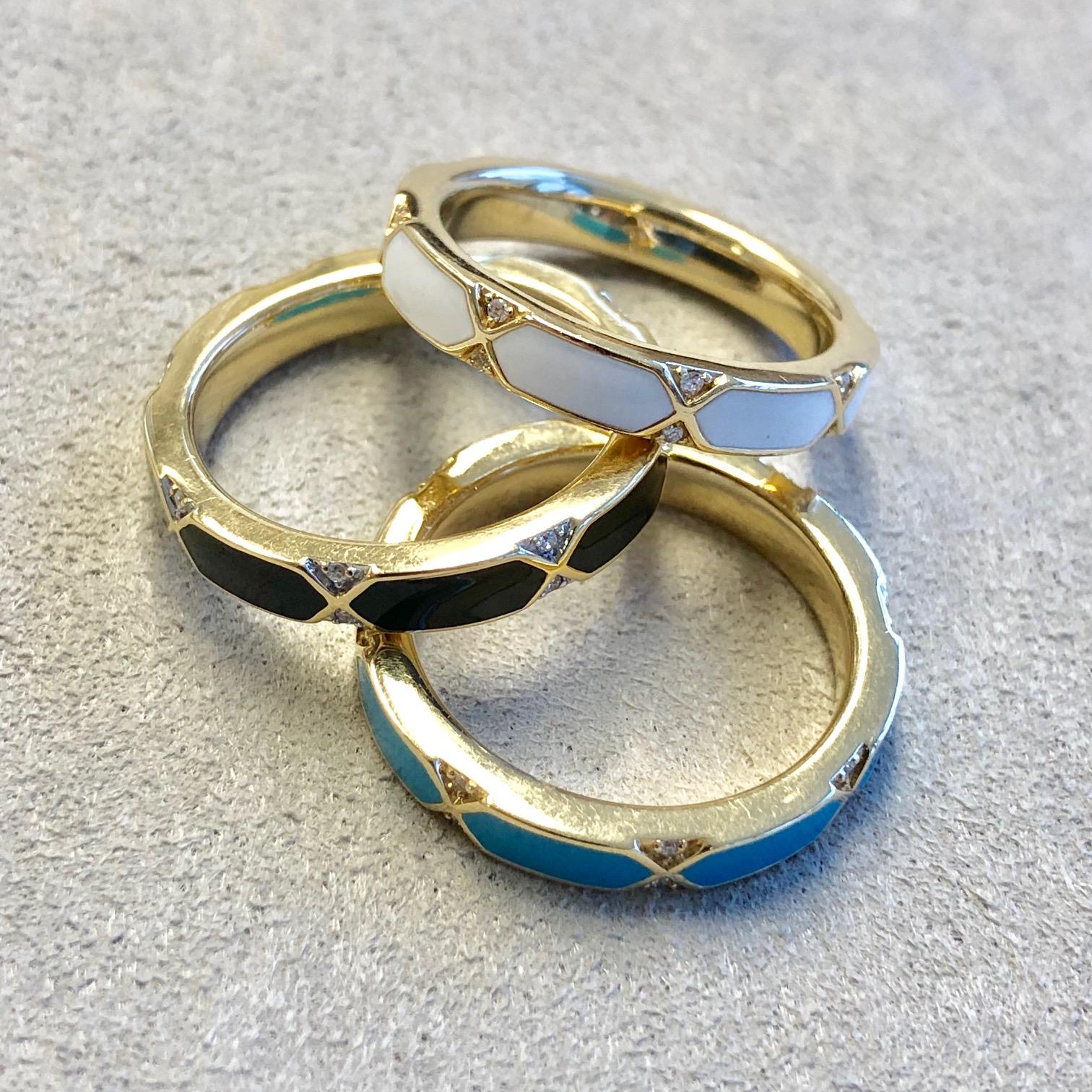 Syna Yellow Gold Turquoise Blue Enamel Ring with Diamonds In New Condition In Fort Lee, NJ